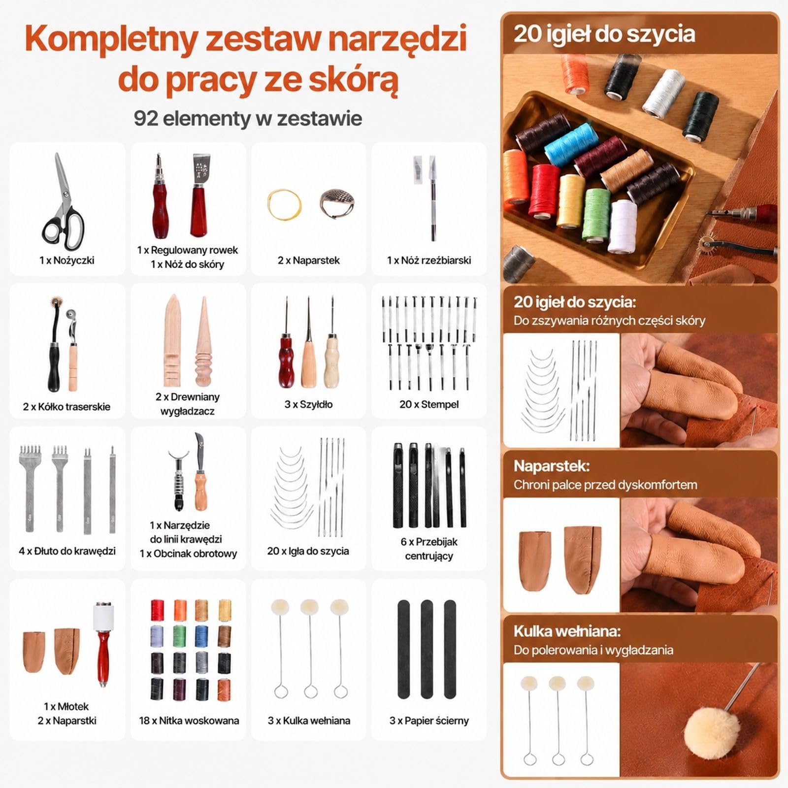 Zestaw narzędzi do obróbki skóry 92 szt, tłoczenie, dziurkowanie, prace krawieckie