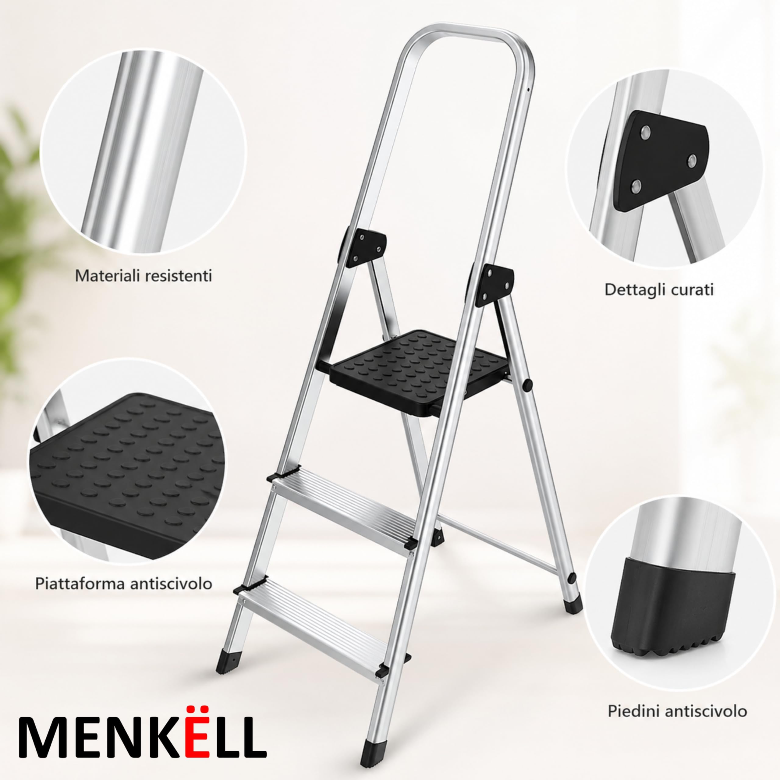 Scala in Alluminio 4 Gradini - Portata 150kg, Certificata EN131 - Antiscivolo, Ultraleggera e Salvaspazio - Uso Domestico e Lavorativo - Pratica da Aprire, Chiudere e Riporre (1 Scala, 3+1 Gradini)