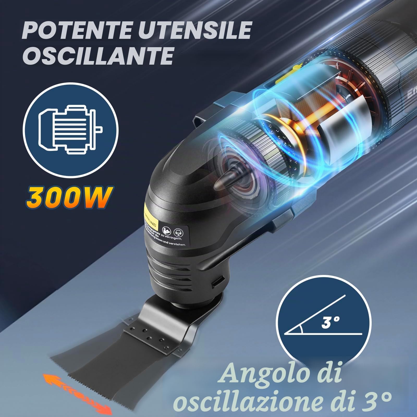 Enventor Utensile multifunzione oscillante, 300W, con 17 accessori | 15000-22000OPM, 6 velocità variabili, angolo di oscillazione 3°, impugnatura ausiliaria, per taglio, levigatura e raschiatura