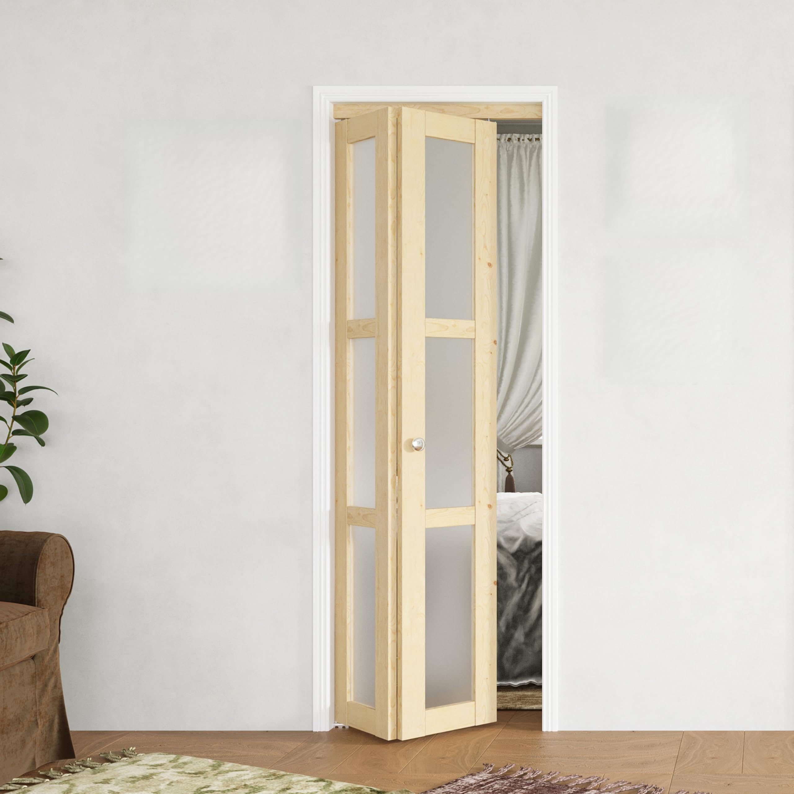 BARNER HOME Bi-Fold Doors, for 24in. x 80 in Opening, 3-lite Tempered Frosted Glass Panel with Hardware Kits, Pine Wood Natural Multifold Interior Closet Doors