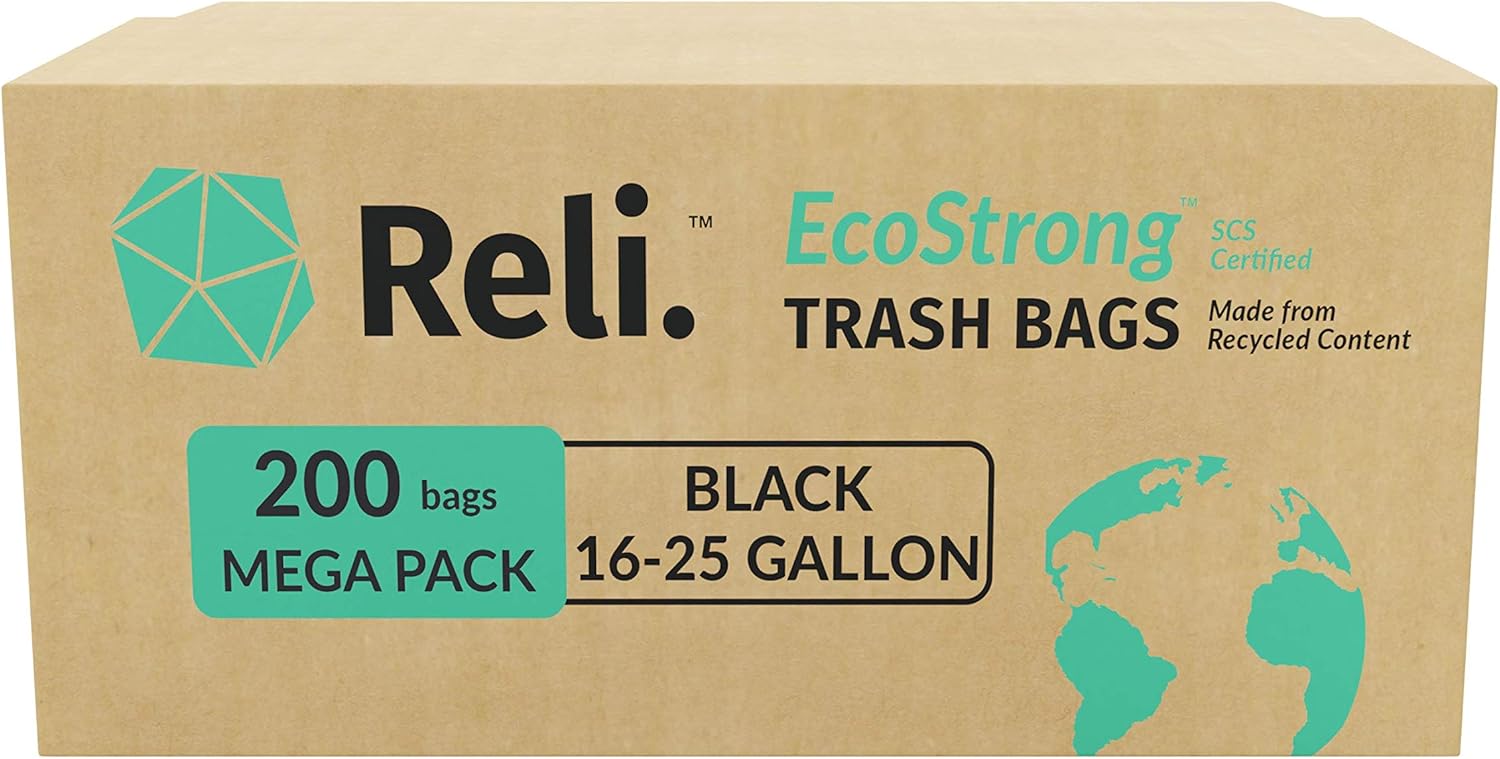 Reli. EcoStrong 16-25 Gallon Trash Bags | 200 Count Bulk | Black | Eco-Friendly | Made from Recycled Material