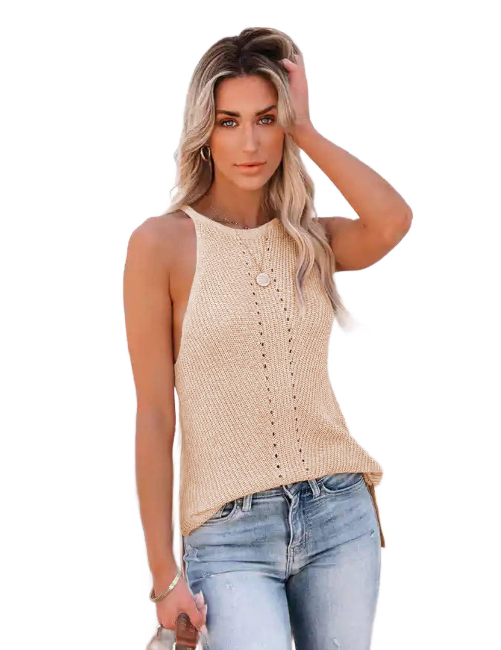 Zeagoo Camiseta sin mangas para mujer, cuello redondo, camiseta básica, elegante, de punto acanalado