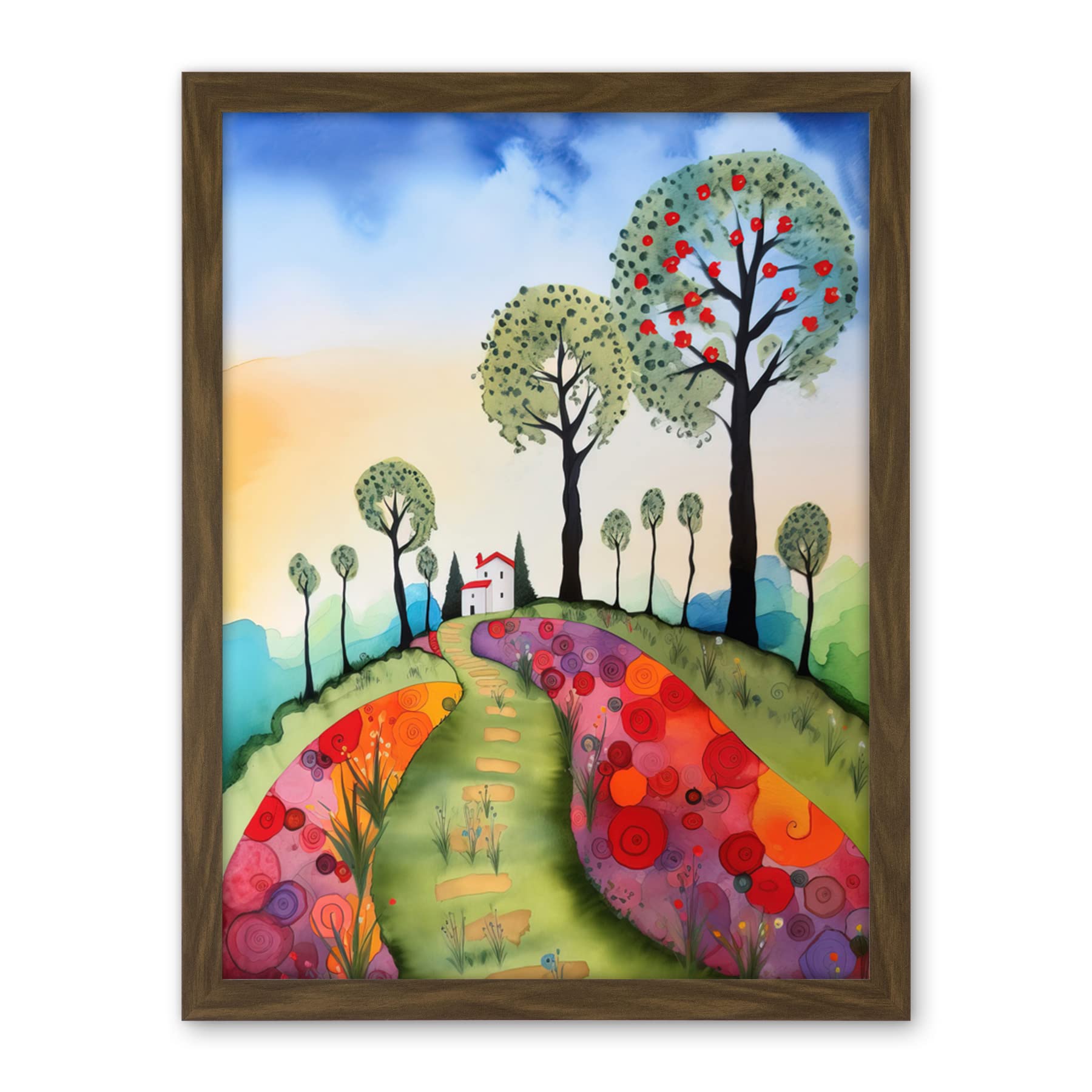 Artery8 Countryside House Path With Flowerbeds Folk Art Landscape Watercolour Painting Artwork Framed Wall Art Print 18X24 Inch