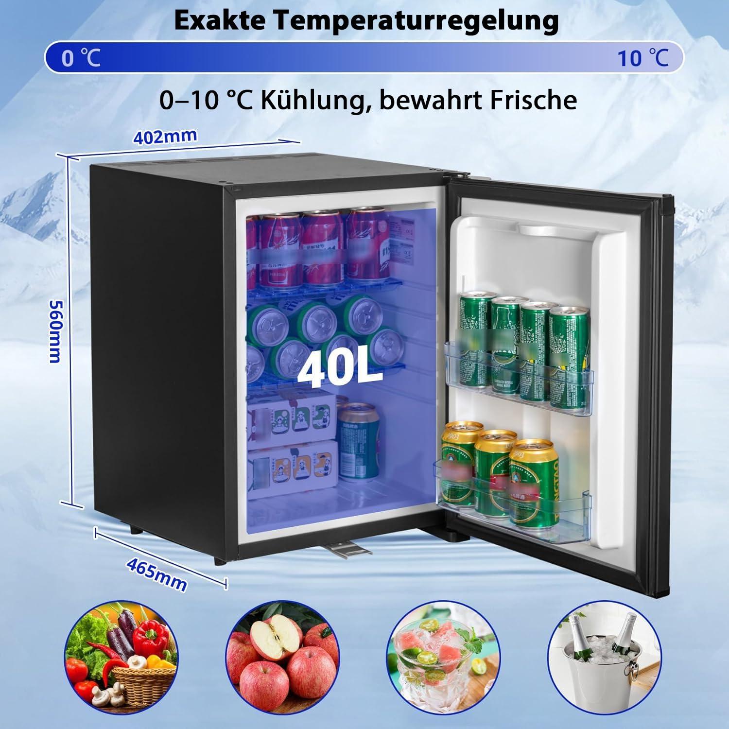 SMETA Camping Kühlschrank 12V 230V, Absorber Kühlschrank 40L, Campingkühlschrank 0dB,12 volt Wohnmobil Kühlbox für Wohnwagen, Auto, LKW, Boot, Reisemobil, Lautlos, Schwarz, Mit Schloss