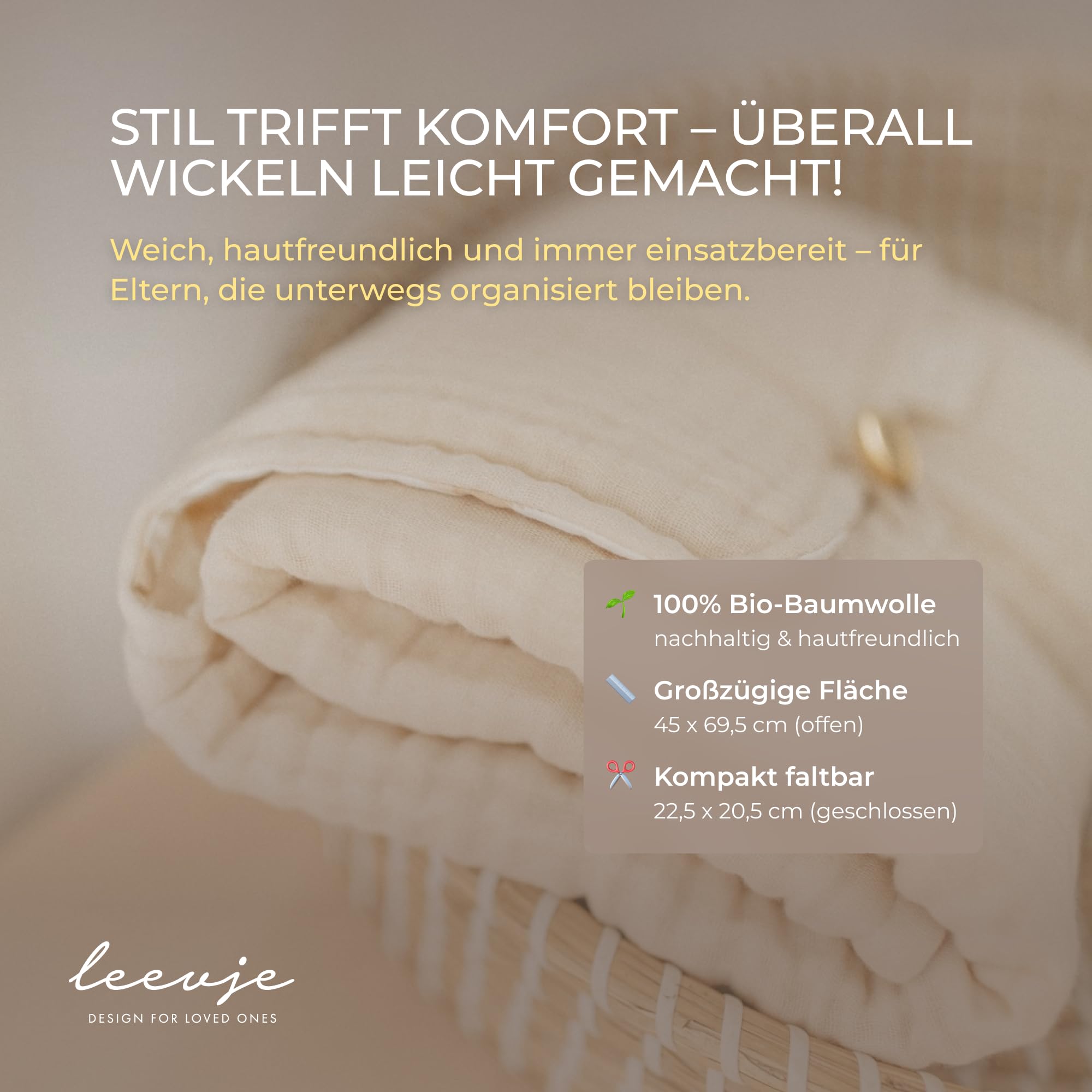 Wickelunterlage für Wickeltisch & Unterwegs [100% BAUMWOLLE] - Wickelunterlage in Beige - Wickelkommode Unterlage - Wickeltischauflage aus Stoff Abwaschbar - Wickelmatte - Baby Changing Mat