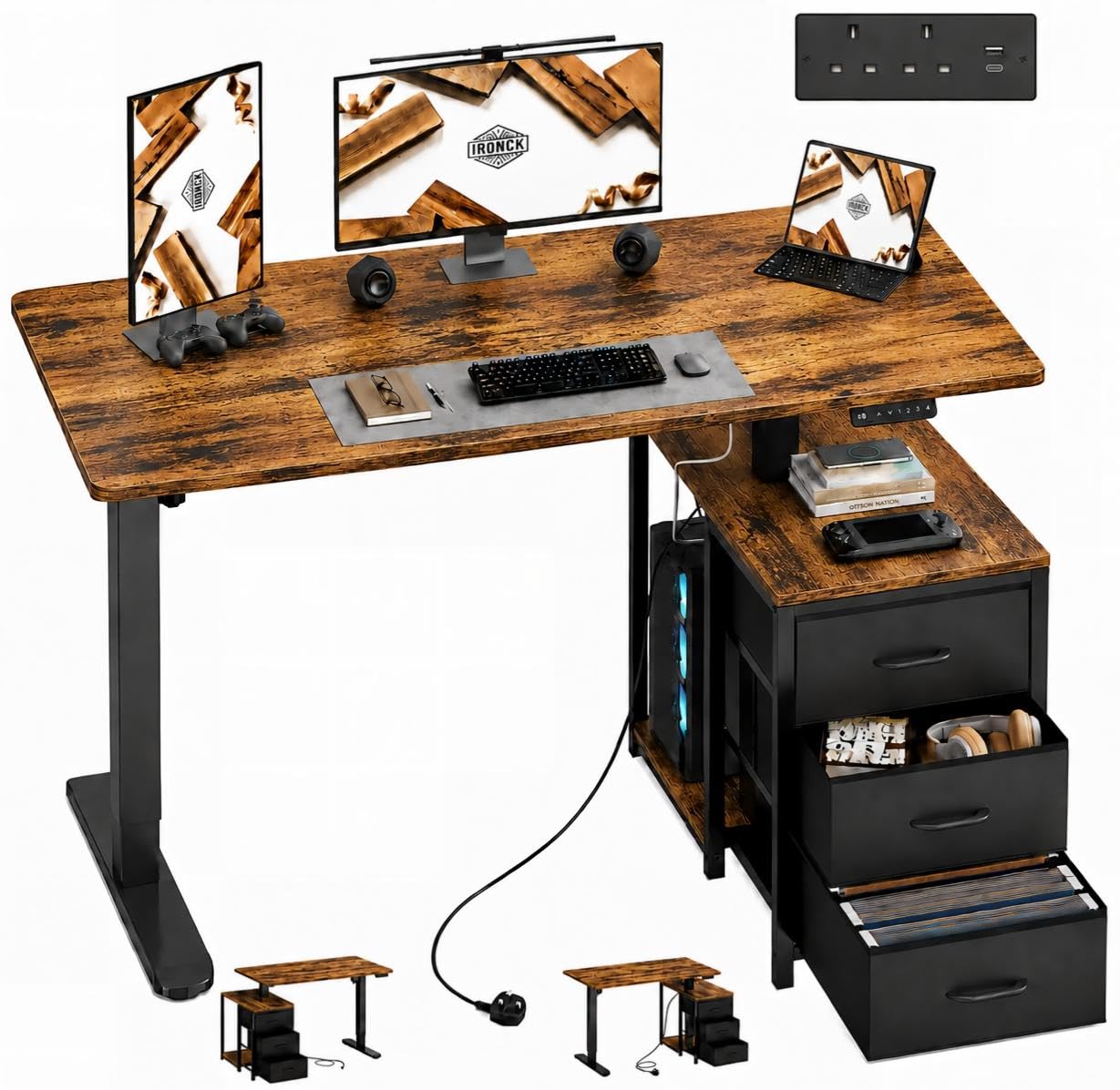 IRONCK Electric Standing Desk 120x60cm with Power Outlet & 3 Drawers,Brown
