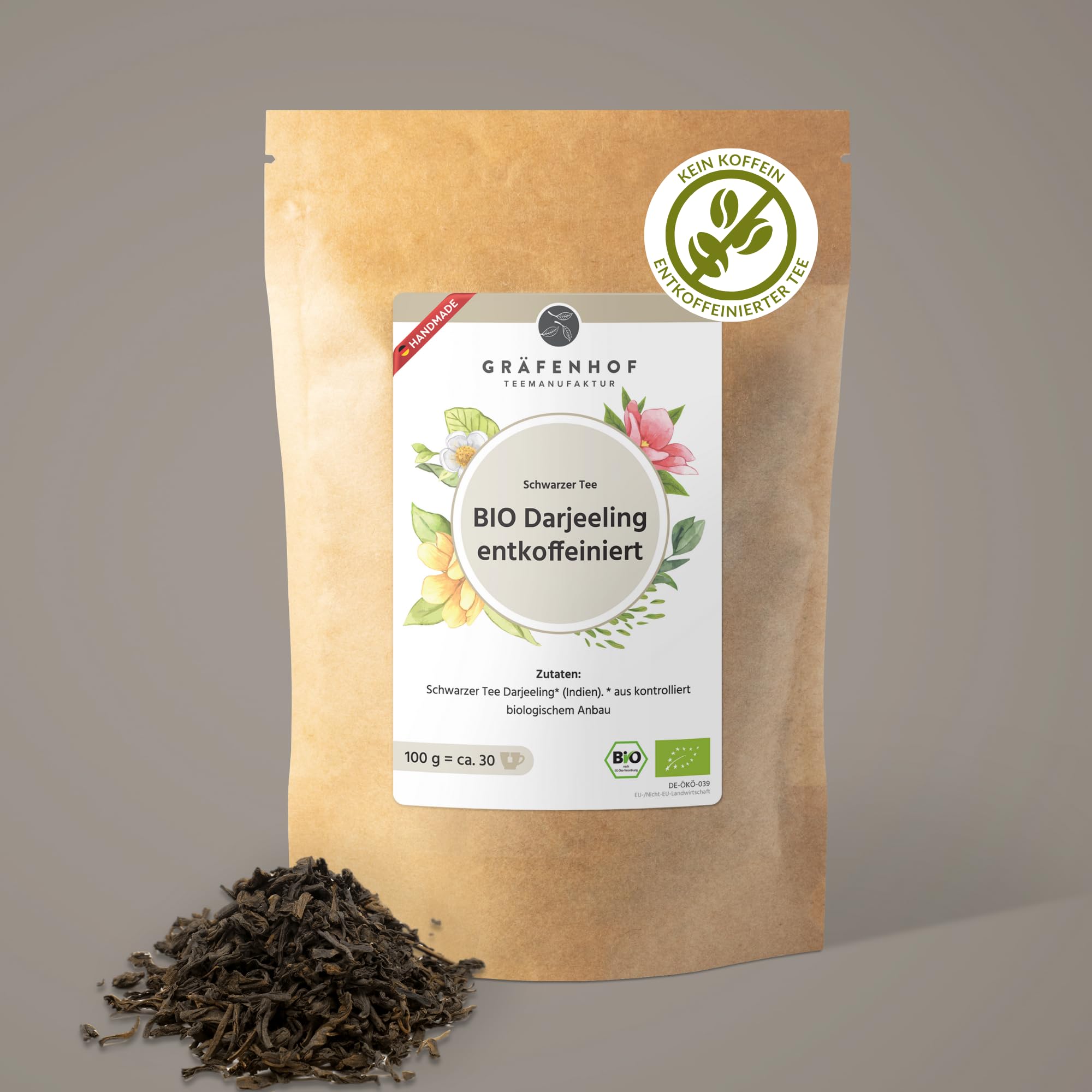 Gräfenhof Darjeeling (entkoffeiniert) Schwarztee Bio, 300g (3x 100g) loser Tee aus 100% Schwarzer Tee Darjeeling, entkoffeiniert, ohne künstliche Zusatzstoffe, Premium Qualität, in DE abgefüllt