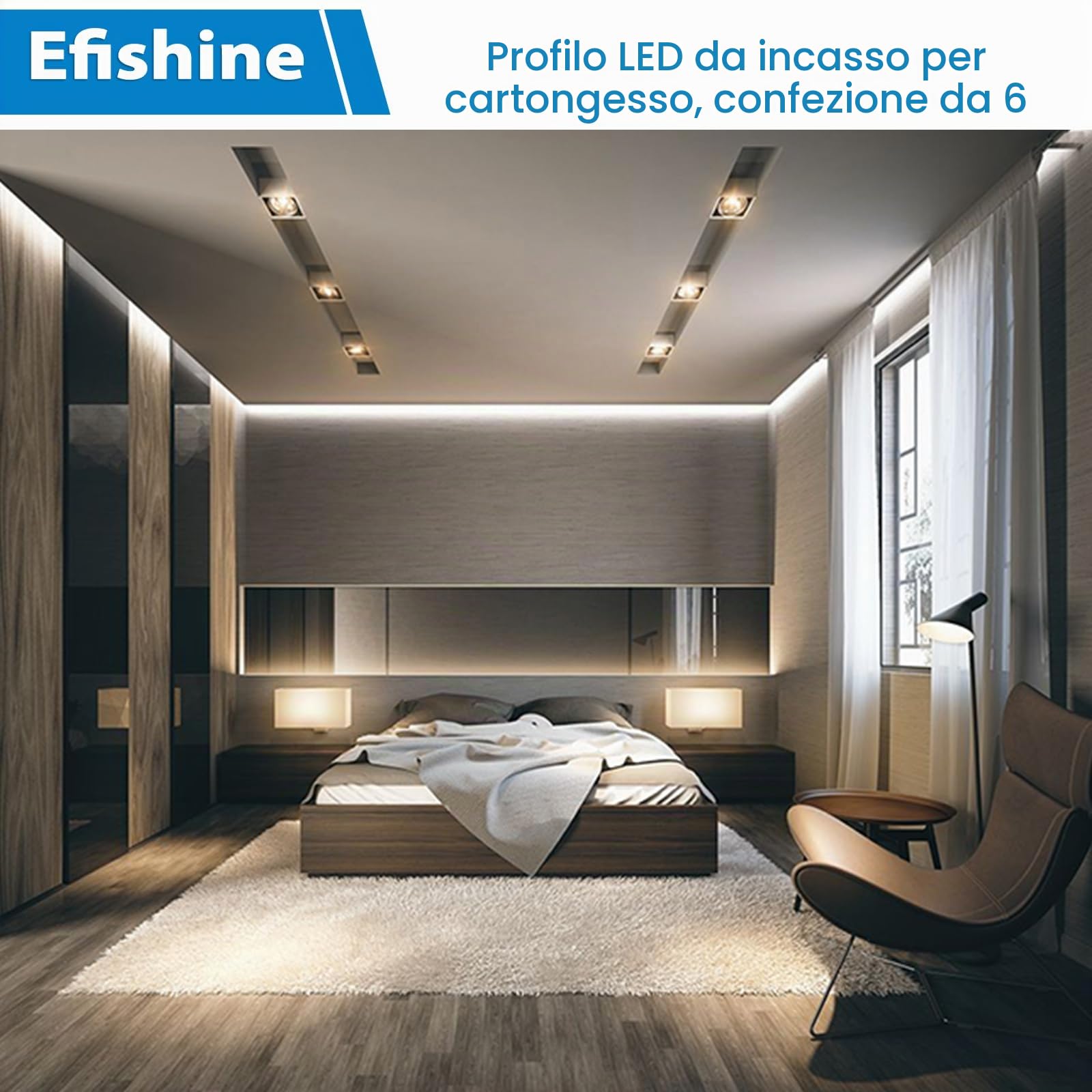 Efishine Confezione da 6 profili per cartongesso a LED, profilo in alluminio, per strisce LED per pareti e soffitti, canale LED con diffusore a clip e per strisce più ampie come Philips Hue