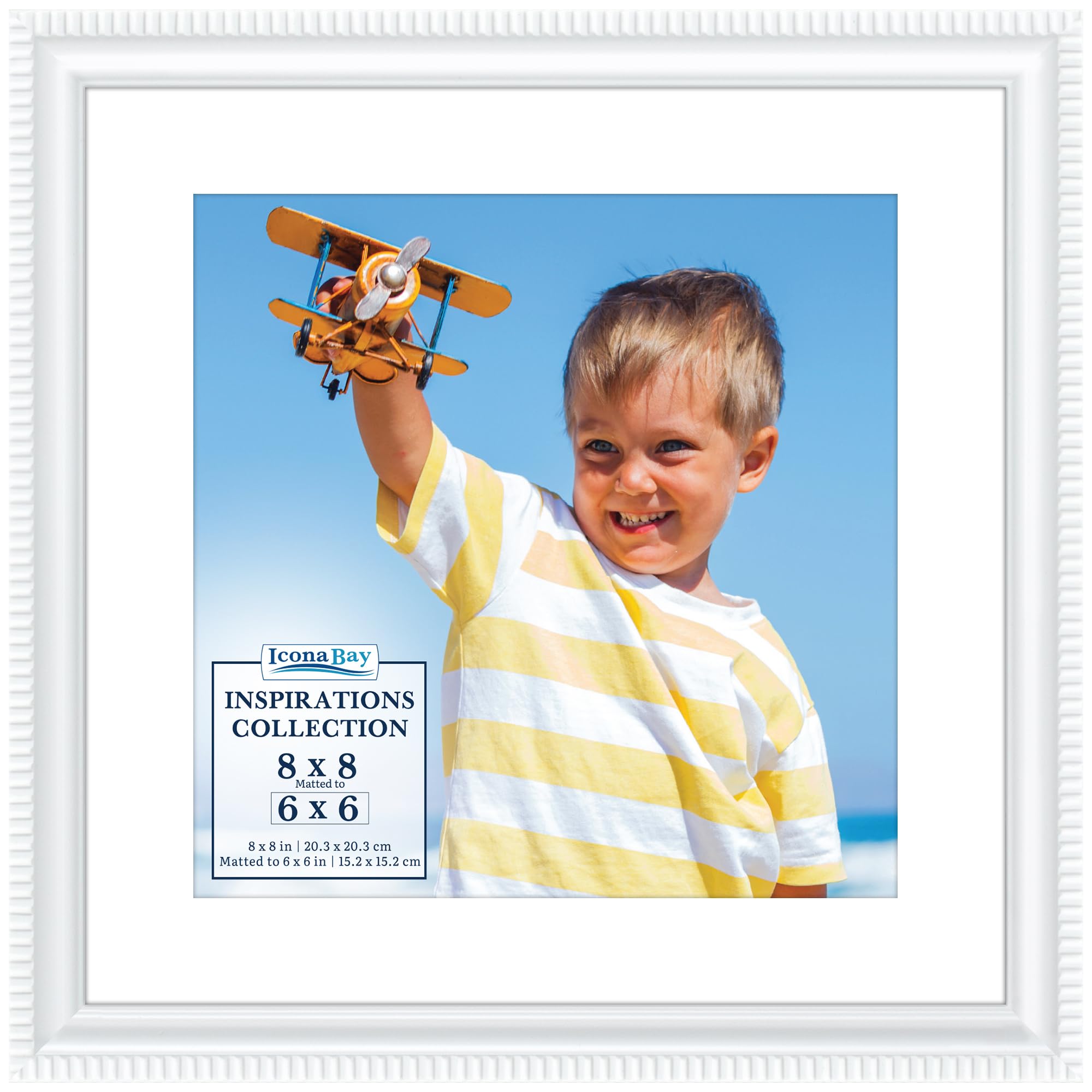 Icona Bay - 8x8 White Picture Frame with Removable Mat for 6x6 Photo - Beautifully Detailed Molding - Contemporary Picture Frame - Wall Mount or Table Top - Inspirations Collection