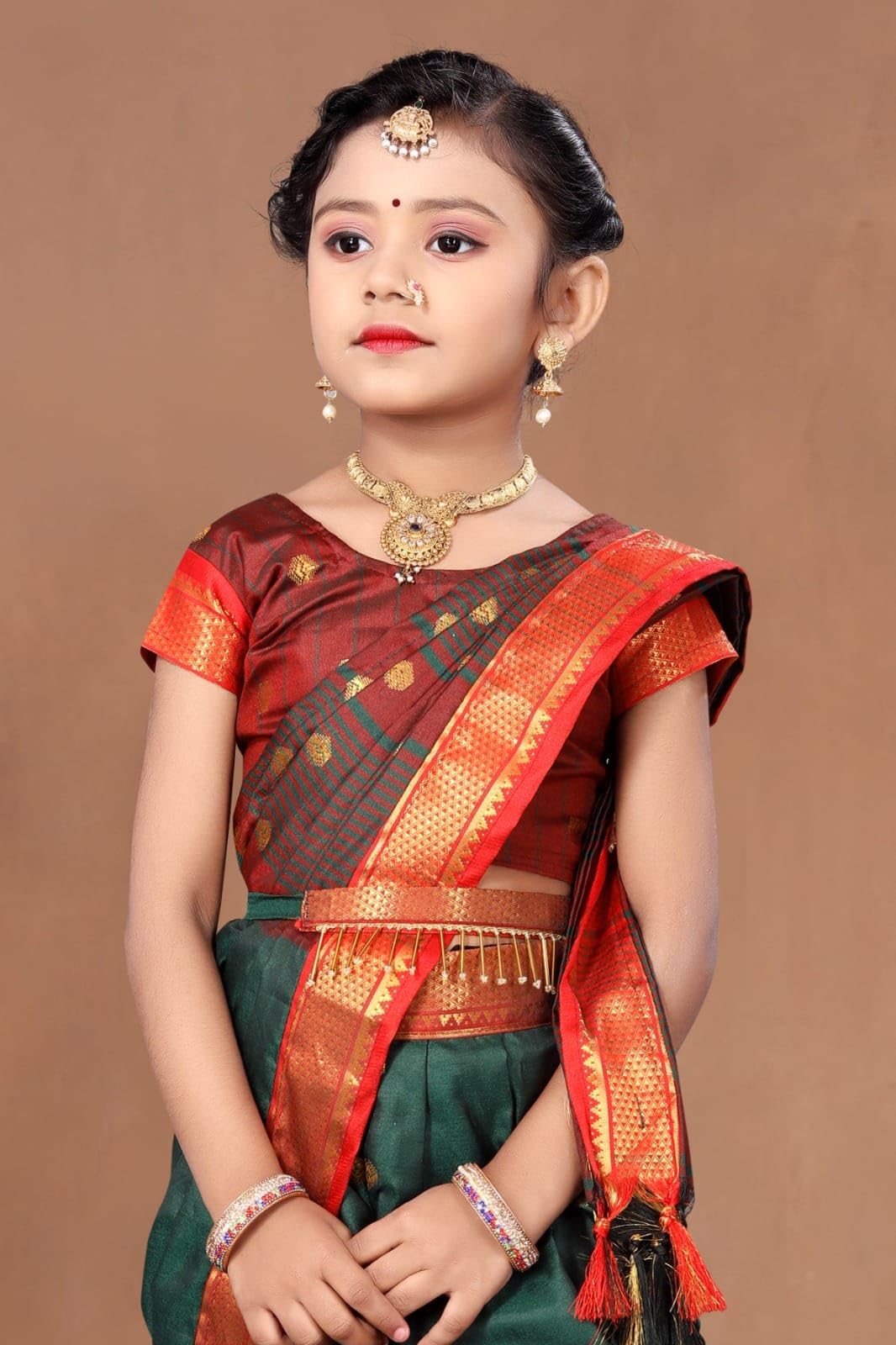 ASHMIKA This beautiful Ready to Wear Saree for Girls, with Dhoti Style that gives a perfect look to the outfit, Maharashtrian Traditional Saree, With stitch Blouse (4-5Year) (Dark Green) - Image 3 thumbnail
