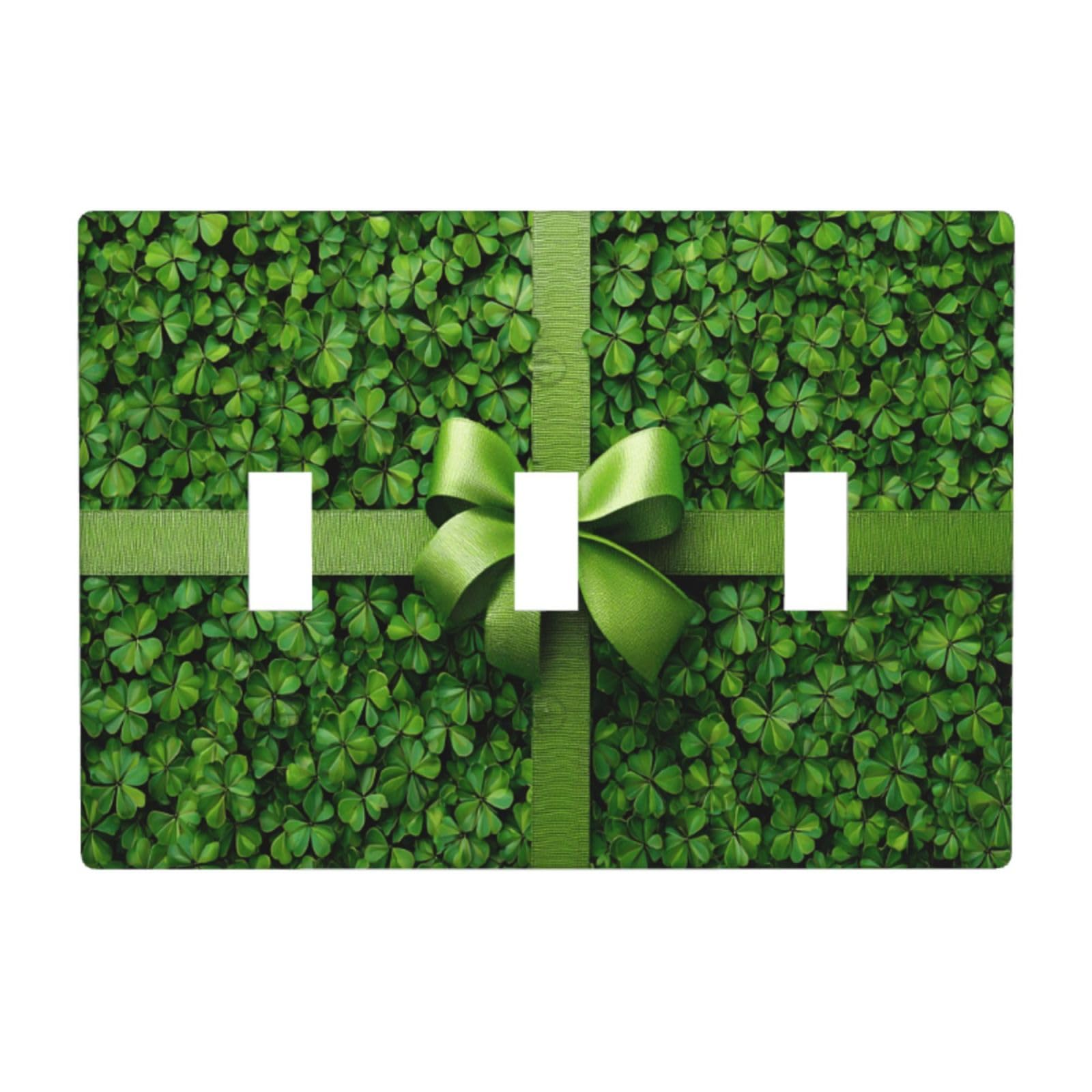 Ribbon with A Bow Green Clovers Light Switch Covers 3 Gang Triple Toggle Wall Plate Switchplate Electrical Faceplate for Bathroom Kitchen Bedroom Decor