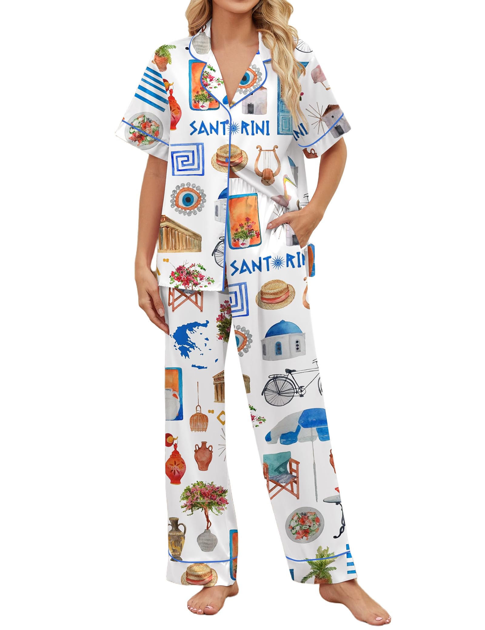 SHESHOW Satin Pajamas for Women Set Button Down Sleepwear Print Pjs Set 2 Piece Short Sleeve Long Loungewear Size XS-XXL