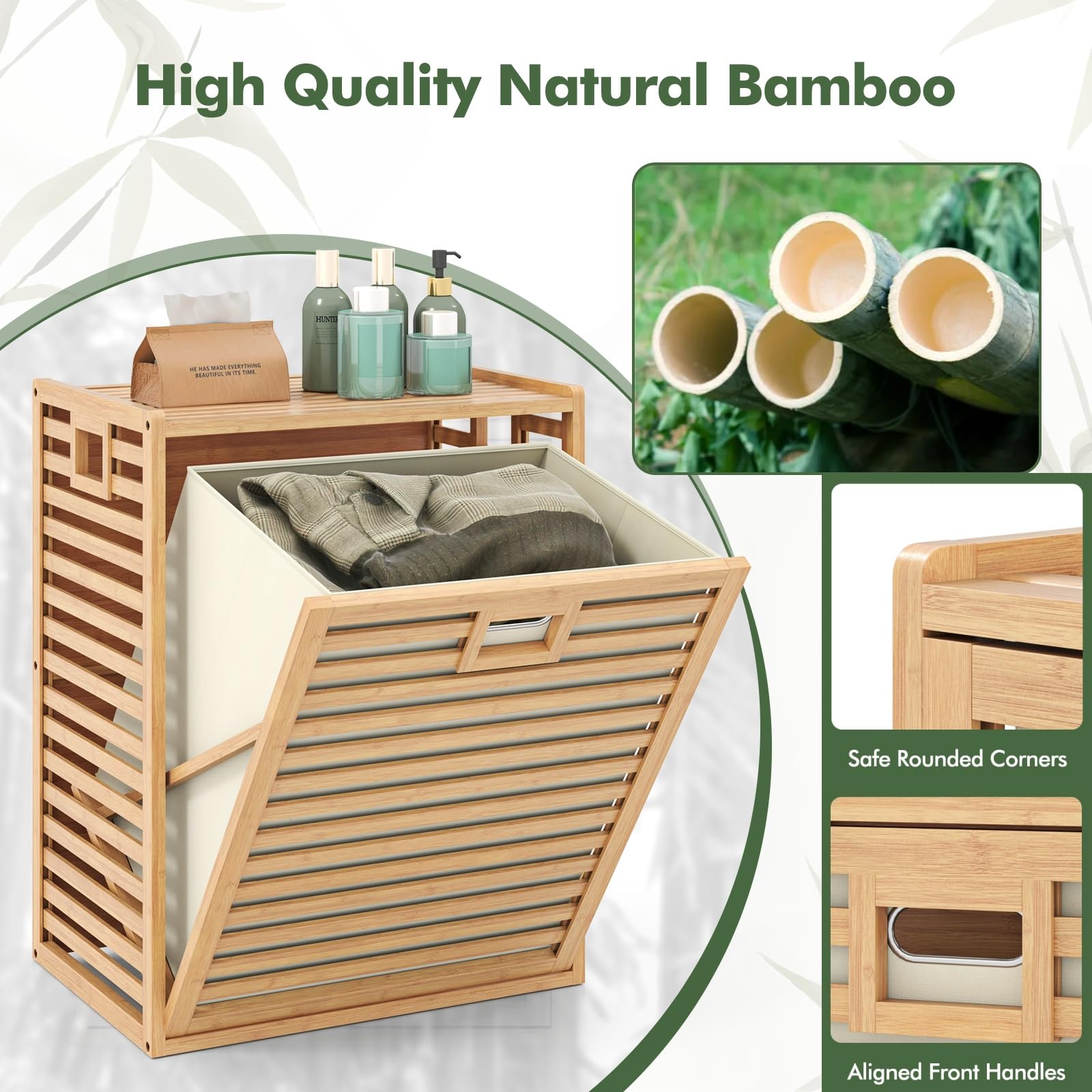 LIFEZEAL Cesto Biancheria Sporca a 1 Scomparto, 68L, Mobile Portabiancheria, Cesto Estraibile in Bambù, con Sacco Rimovibile, Pieghevole, Piano Portaoggetti, Lavanderia, Bagno, Salvaspazio, 50x35x64cm