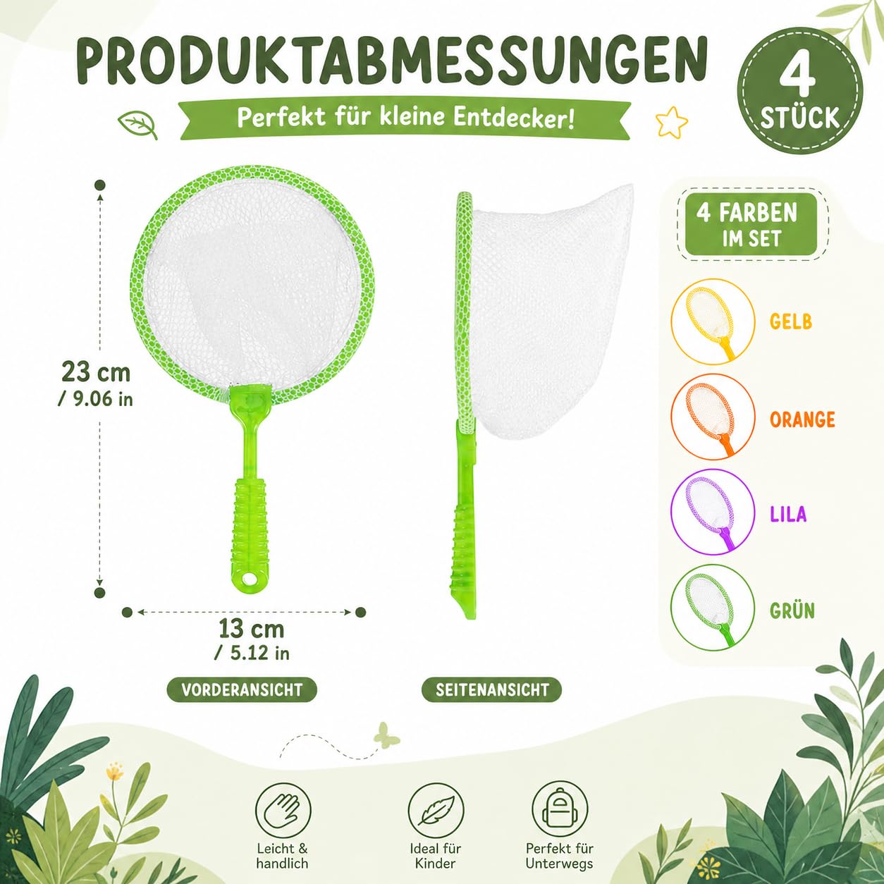 4 Stück Fischernetz, Kunststoff-Fischernetze, Insektenfängernetze, Farbige Schmetterlingsnetz, Kleine Kescher, Insektenfängernetze zum Fangen von Käfer für Outdoor Aktivitäten an Strand und Pool