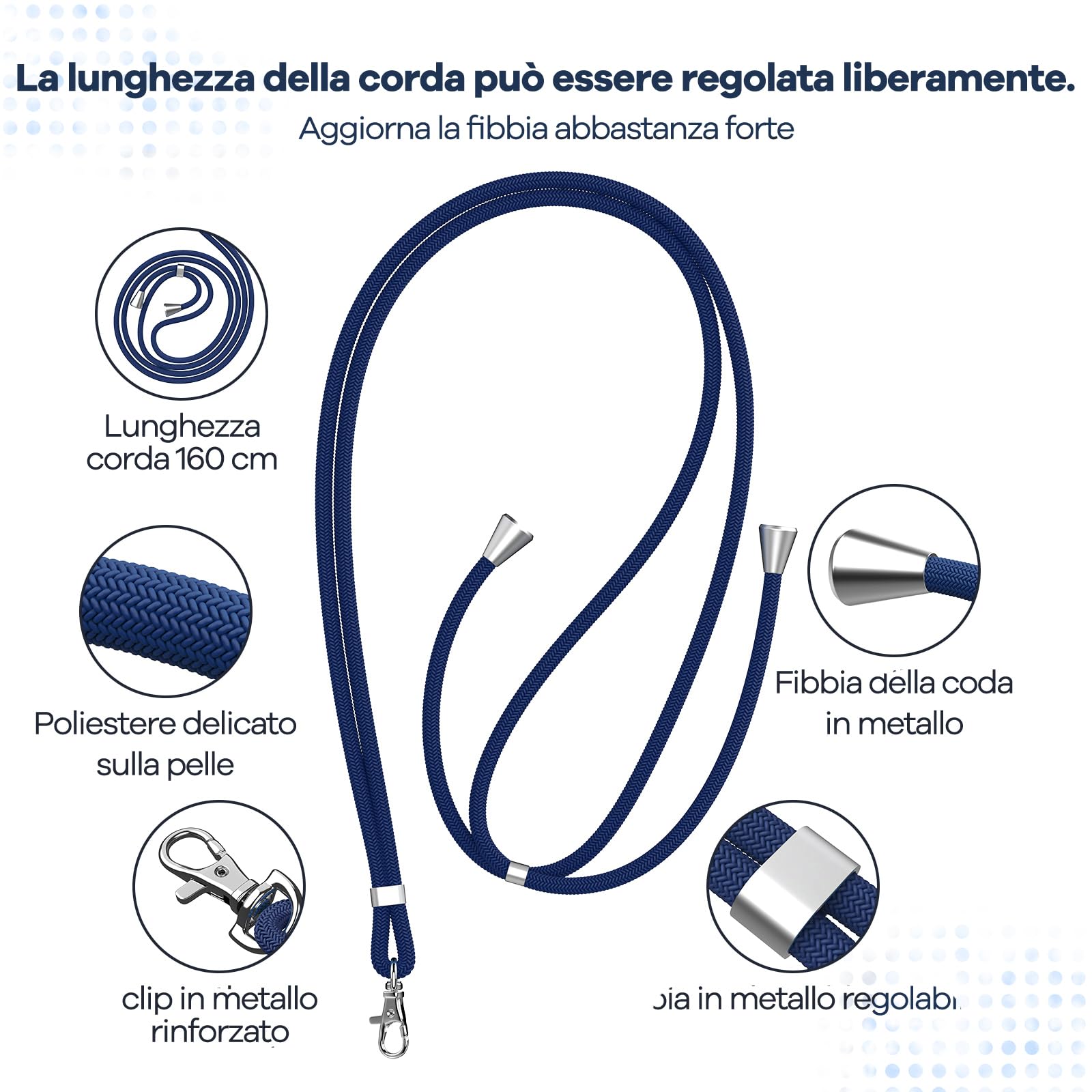 caslord Cordino per Cellulare*1, Trasparente Patch Universali*2, Adatto a Tutti Gli Smartphone, Cinturino per Cellulare Abbinabile a Qualsiasi Custodia, Regolabile e Rimovibile - Blu brillante