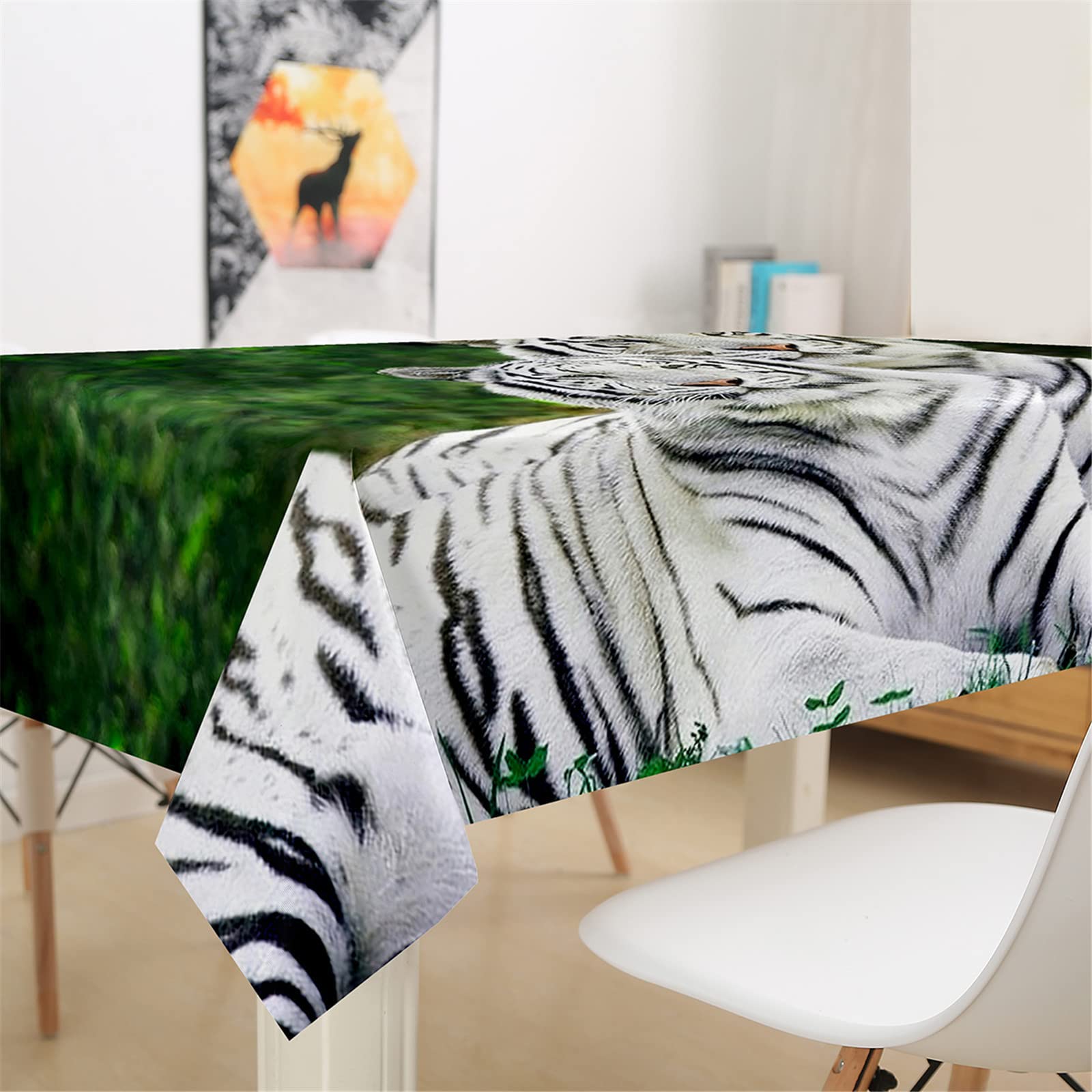 Nappe Rectangulaire Imperméable - Motif Tigre Et Fleurs - 140x260 Cm - Infroissable