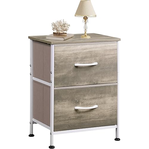WLIVE Nightstand, 2 Drawer Dresser for Bedroom, Small Dresser with 2 Drawers, Bedside Furniture, Night Stand, End Table with Fabric Bins for Bedroom, Closet, College Dorm, Greige Oak