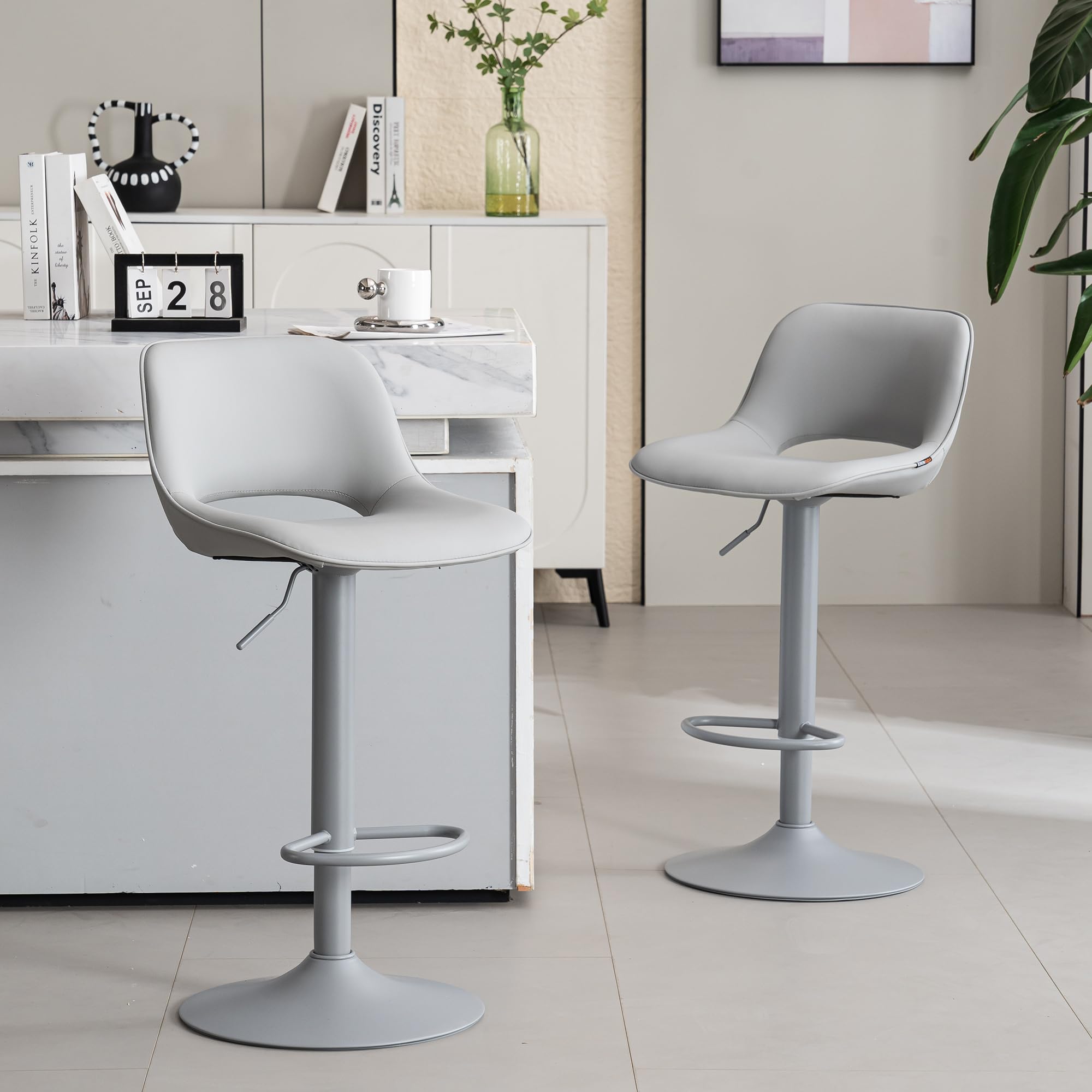 YOUNIKE Taburetes de Bar Juego de 2 Giratorios con Altura Ajustable, Taburetes de Cocina con Acolchado Suave, Taburetes de Mostrador con Respaldo Hueco, Taburete Alta de Bar, Todo Gris