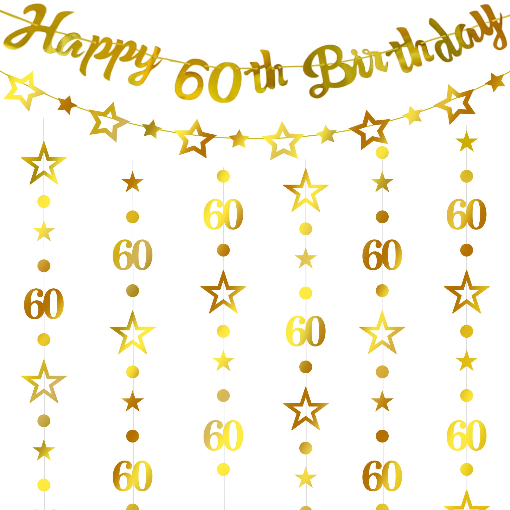 60th Birthday Decorations Gold Banner - 4 Pcs Gold Happy 60th Birthday Garland Banner Number 60 Circle Dot Twinkle Star Garland Hanging Streamer for Happy 60 Year Old Sixty Anniversary Party Supplies โ image 1