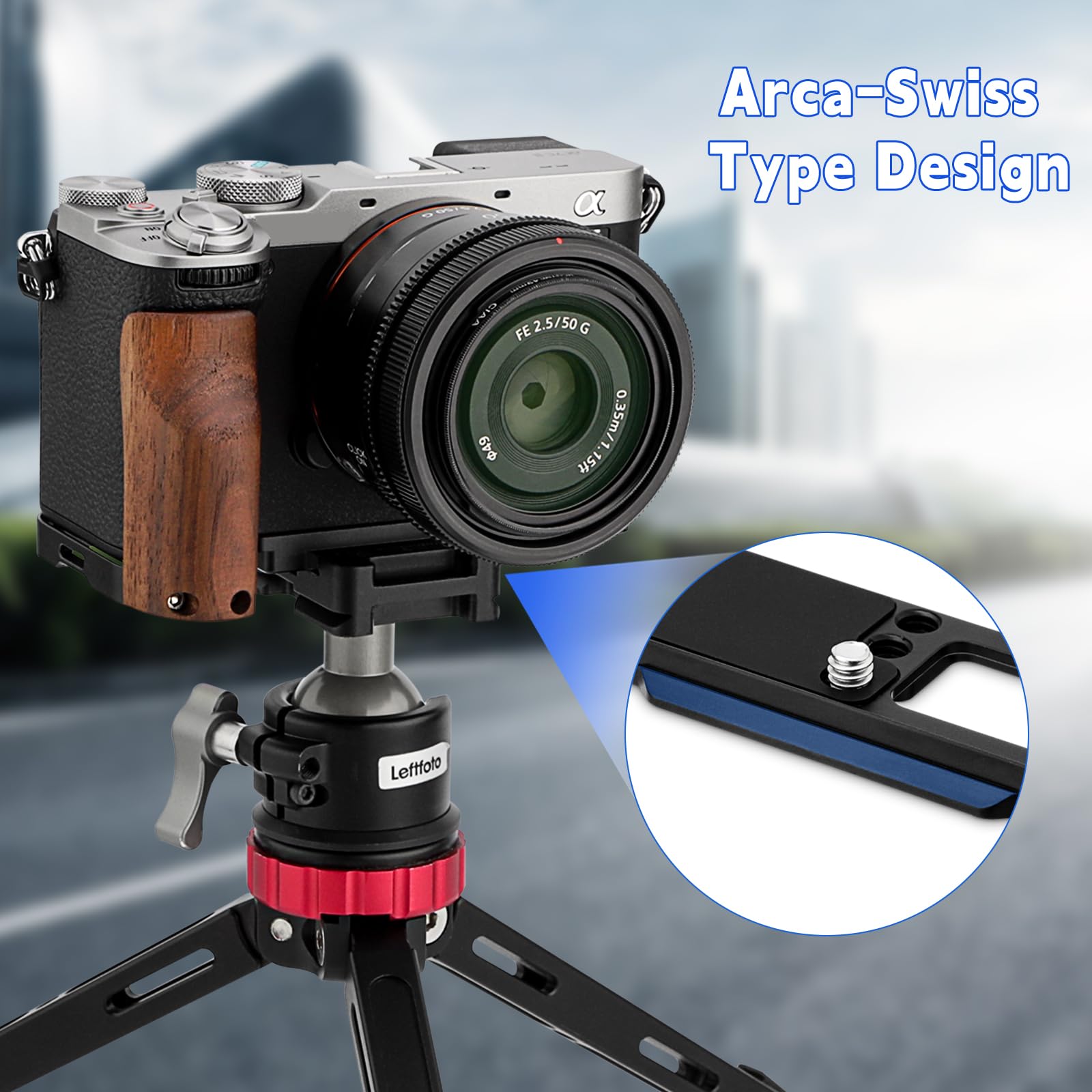 LEFTFOTO A7CR Support en forme de L avec poignée en bois pour appareil photo Sony A7CR/A7C2, avec plaque de dégagement rapide Arca inférieure intégrée, poignée latérale ergonomique rétro pour une
