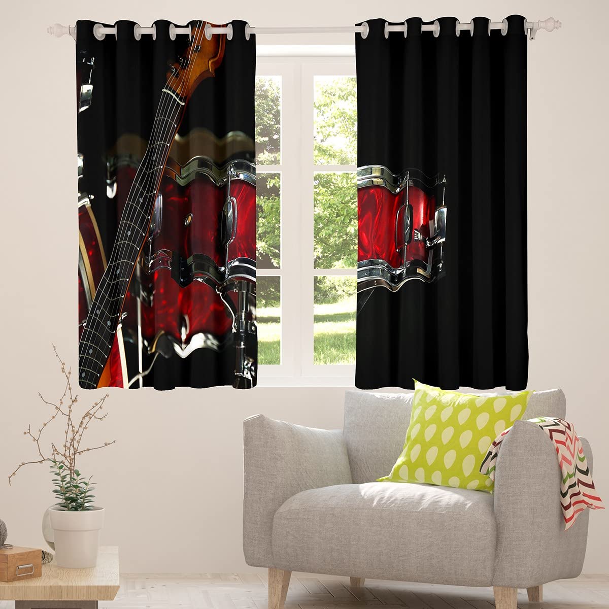 Rock Music Dreapes Cool Drum Kit tende per camera da letto, soggiorno, bambini, ragazzi, ragazze, adolescenti, strumento musicale tende oscuranti (30% -50%) Hip Hop rosso e nero per finestre W66 x L72