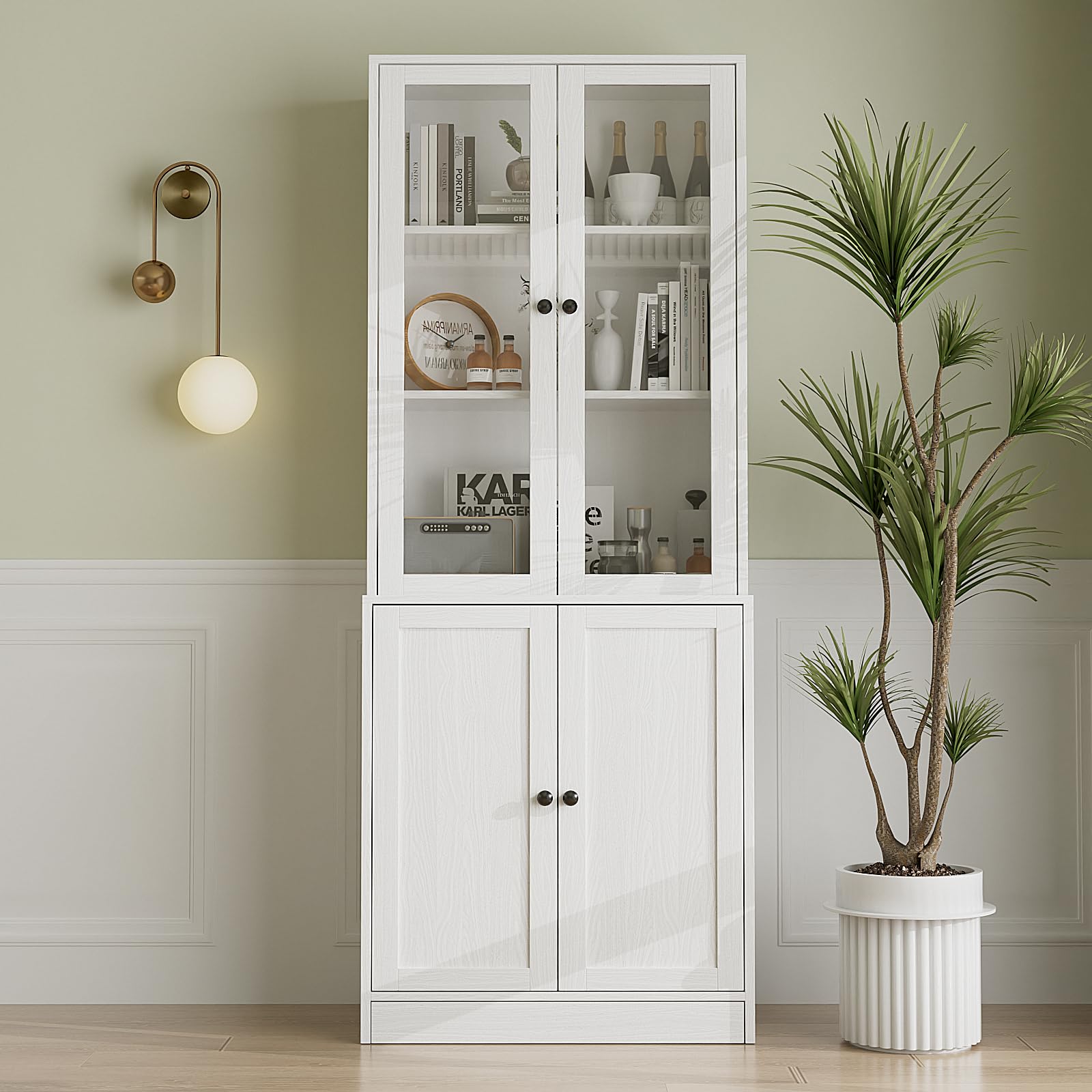 VOWNER Biblioteca de 5 pisos con puertas de vidrio - 180 cm - Armario alto - Armario aparador para cocina, salón, comedor - A (blanco)