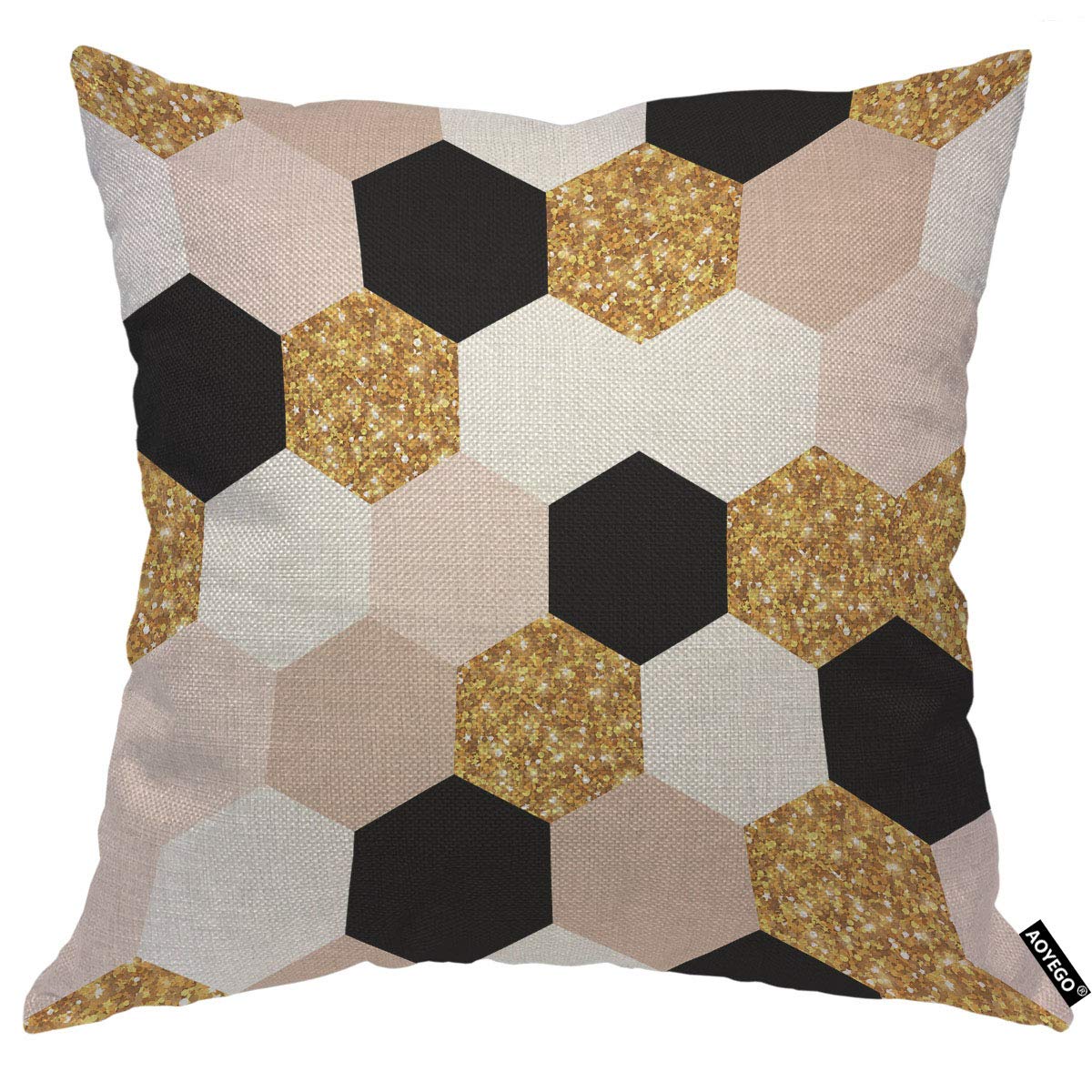 AOYEGO Gold Black White Hexagon Throw Pillow Cover Geometric Chic Elegant Grid Modern Foil Glitter Pillow Case 18x18 Inch Decorative Men Women Room