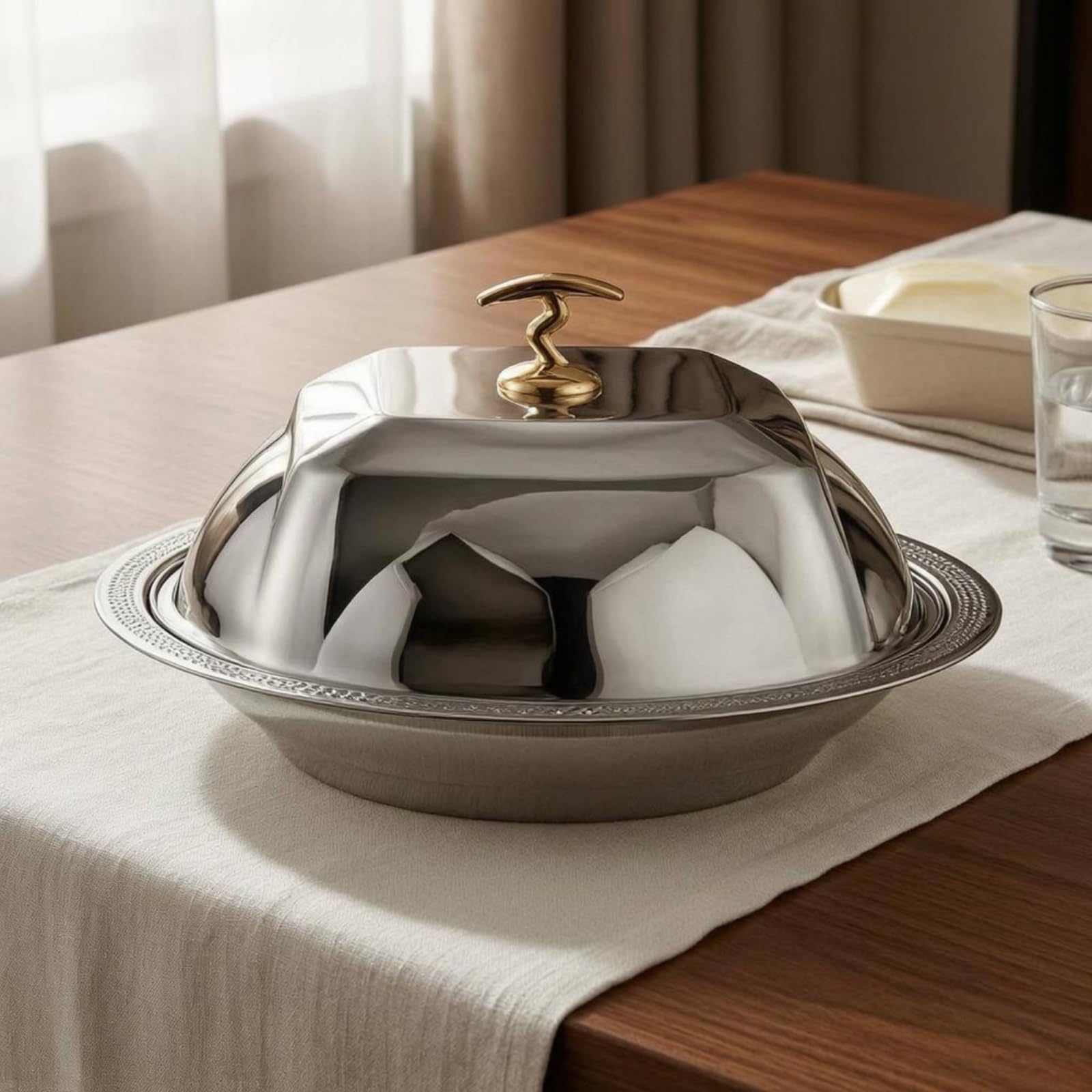 Cubierta para Bandeja de Servicio Cúpula Tapa de Servir Campana Base de Bandeja Construcción en Acero Inoxidable Pulido Fácil de Levantar con Pomo, Plateado, 48cm