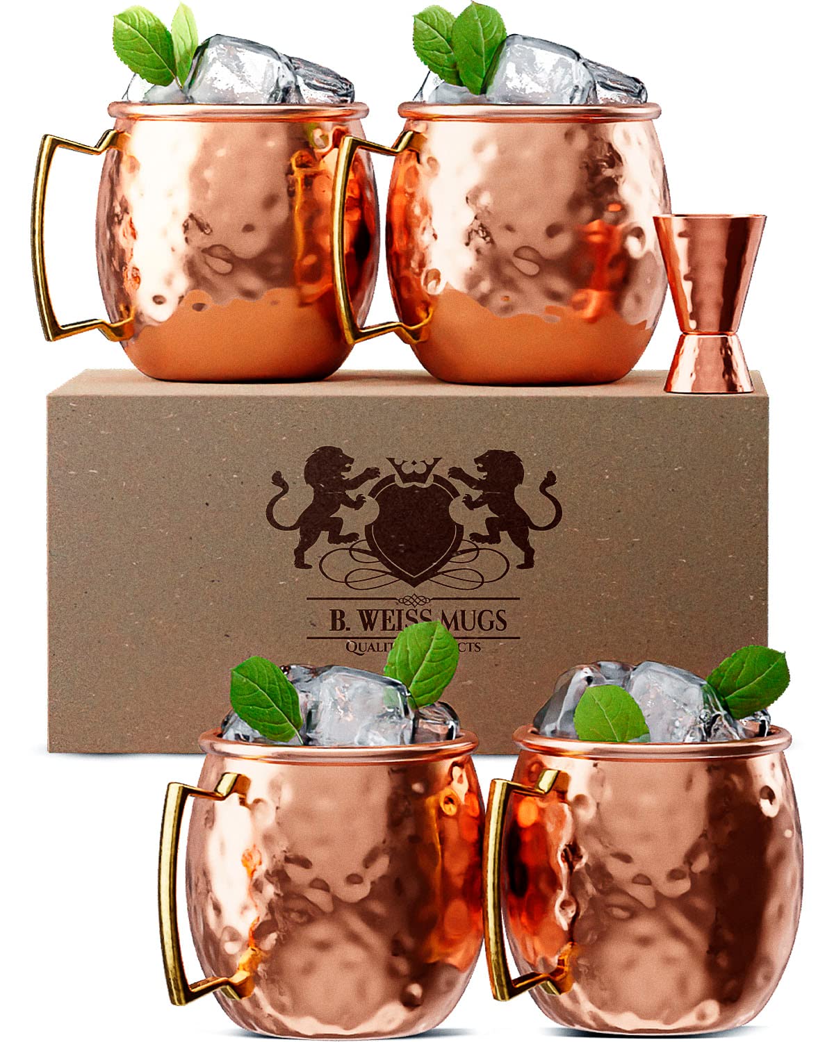 Moscow Mule Copper Mugs, Set Of 4 Brass Handle Copper Cups For Drinking, Each Mug is Handcrafted - Food Safe (Copper Plated Stainless Steel) (Set of 4)