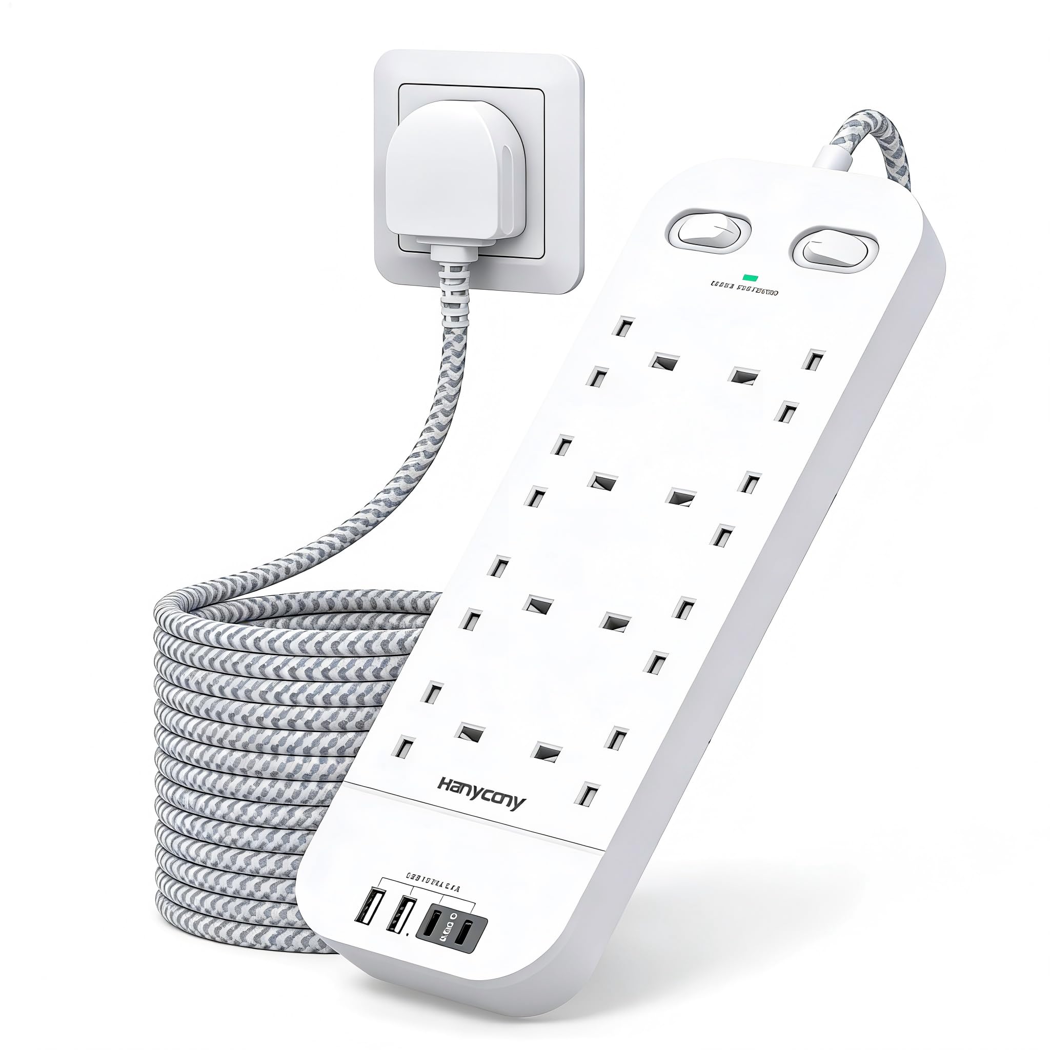 Extension Lead with 2 USB C Slots, 8 Way Outlets Power Strip with 4 USB Ports, 1800J Surge Protection Double Switch Plug Extension with 1.8M Braided Extension Cord for Home, Office — view 9