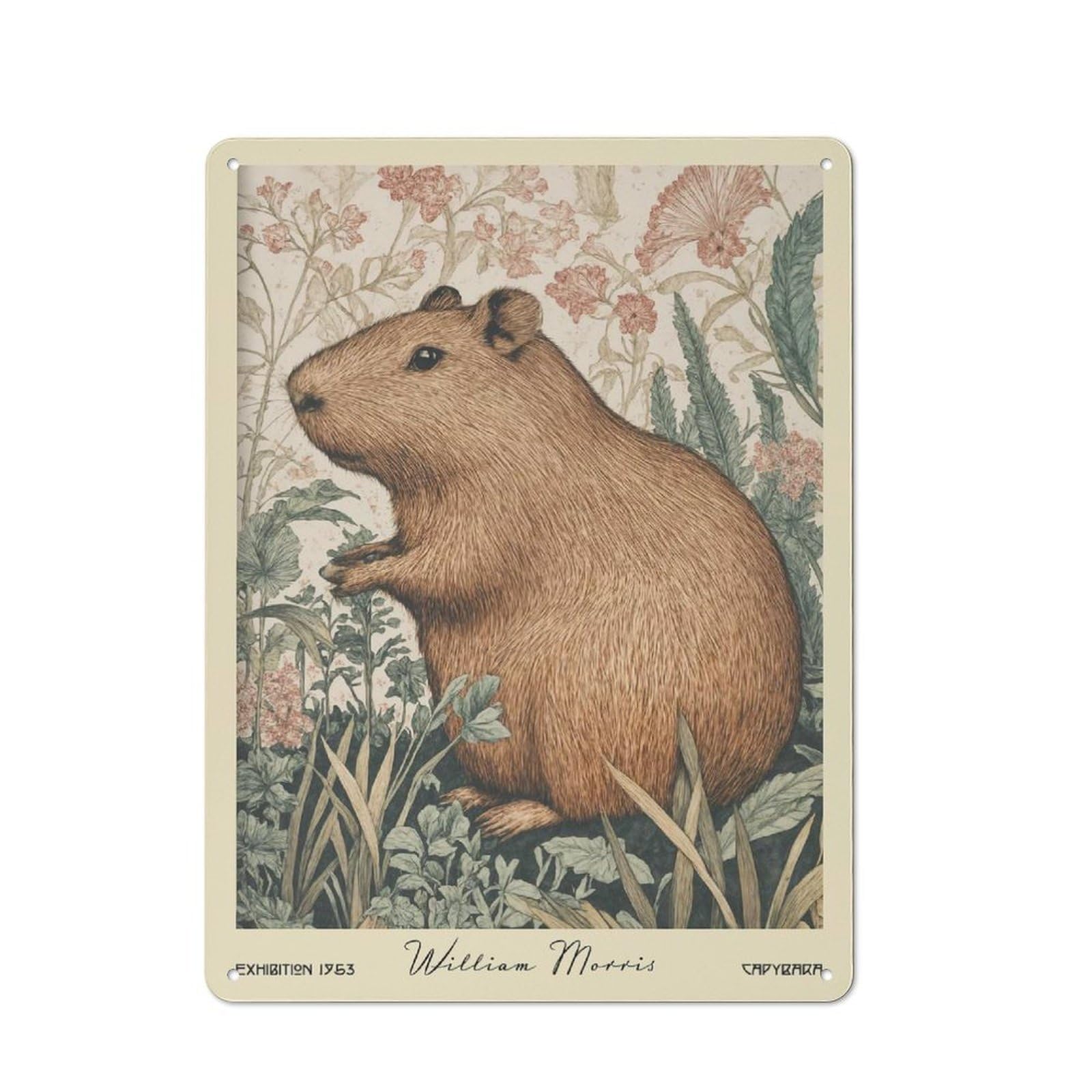Junmoney Style-13 Tin Wall Plaque 40X30cm With Capybara William Morris Floral For Workshop Wall, With Clear Retro Wall Decor Character