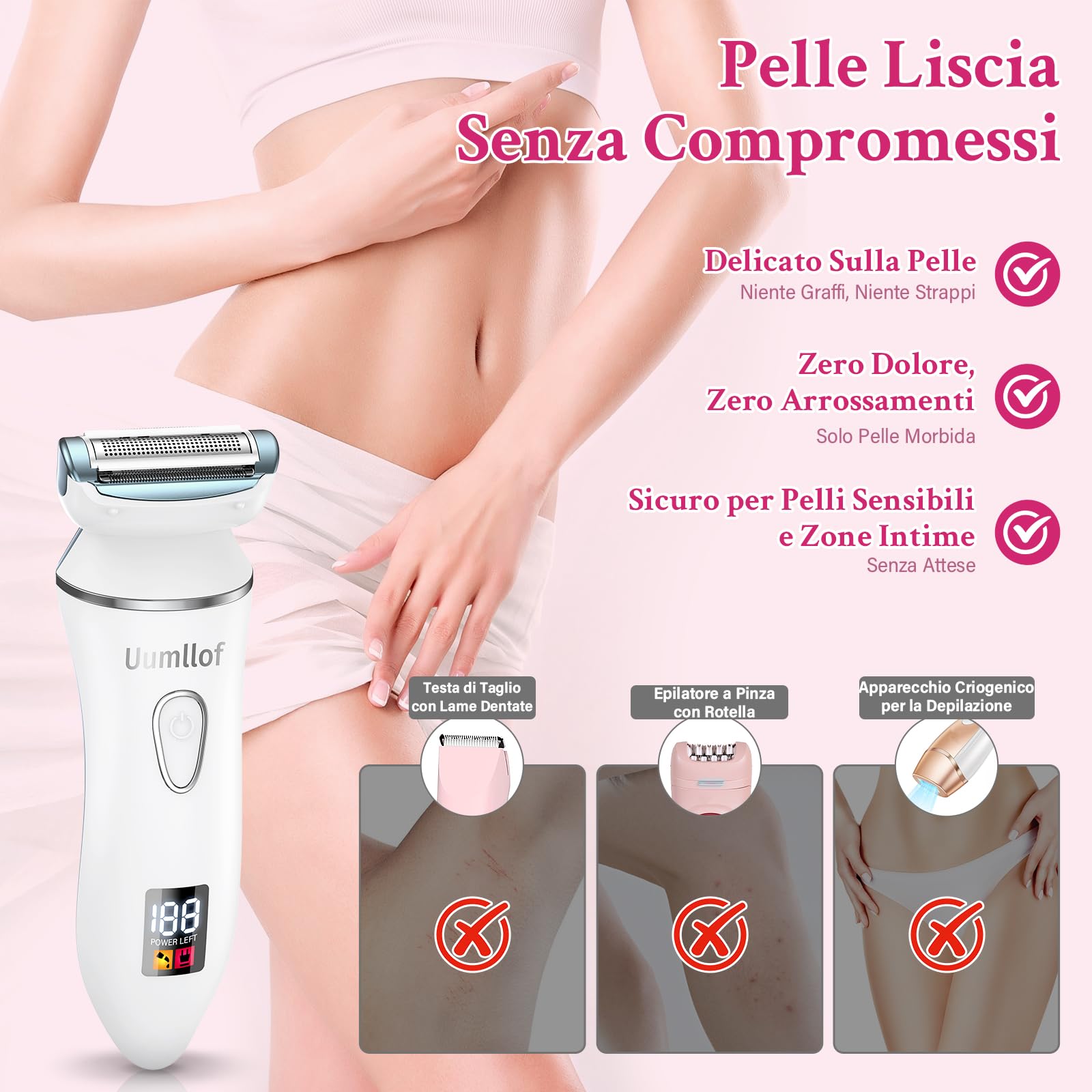 Ruycllo Rasoio Elettrico Donna 2 in 1, Rasoio Intimo Donna e Trimmer Bikini IPX7 Impermeabile, Trimmer Intima con Display LED per Gambe, Ascelle e Zona Intima con Custodia da Viaggio