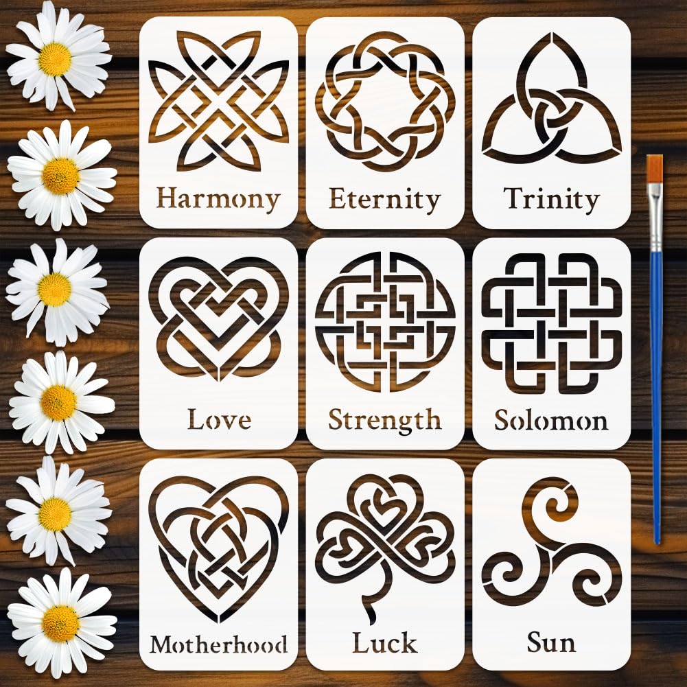 FINGERINSPIRE 9PCS Celtic Symbols Stencils 15x20cm with a Brush Celtic Knot Pattern Definition Words Stencils Reusable Triquetra Drawing Template for DIY Painting Wall Art and Home Decoration