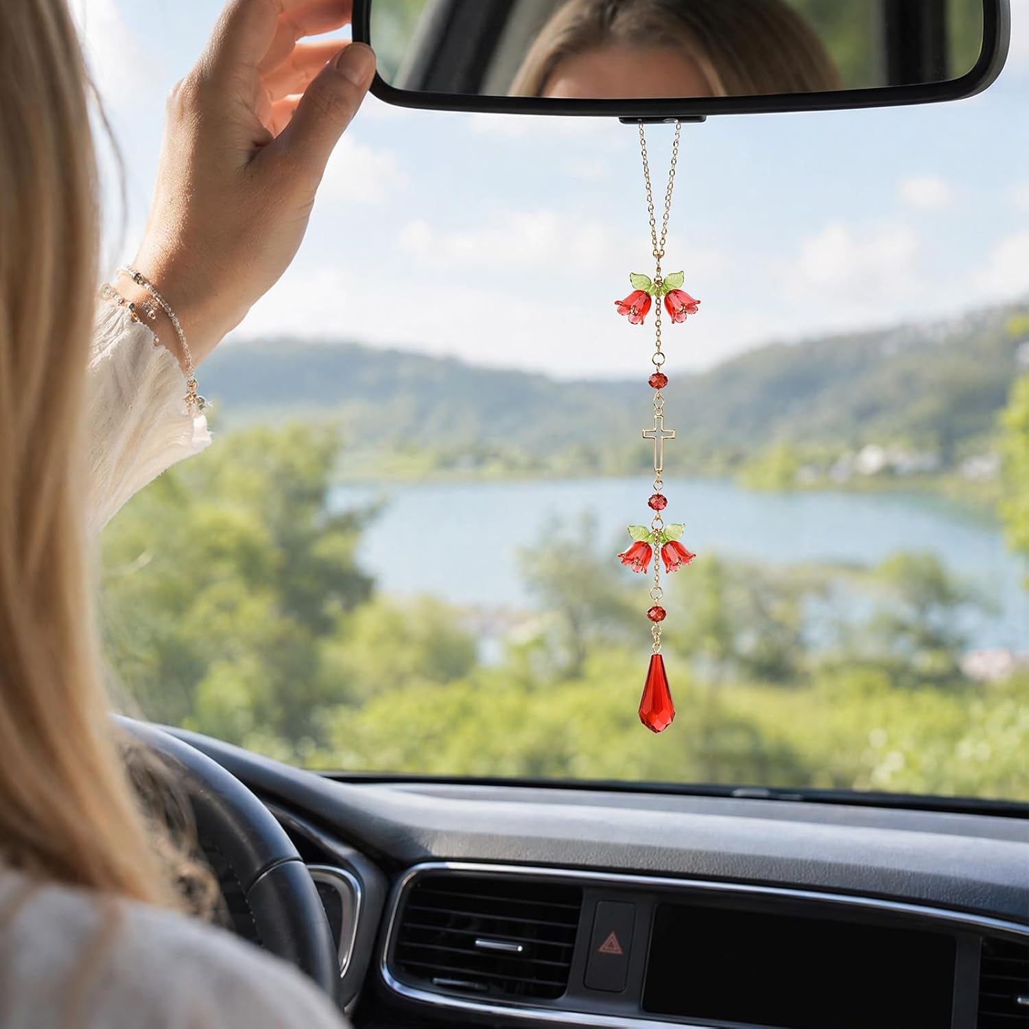 Cross Suncatcher Car Rearview Mirror Charm Red Lily of Valley image 2