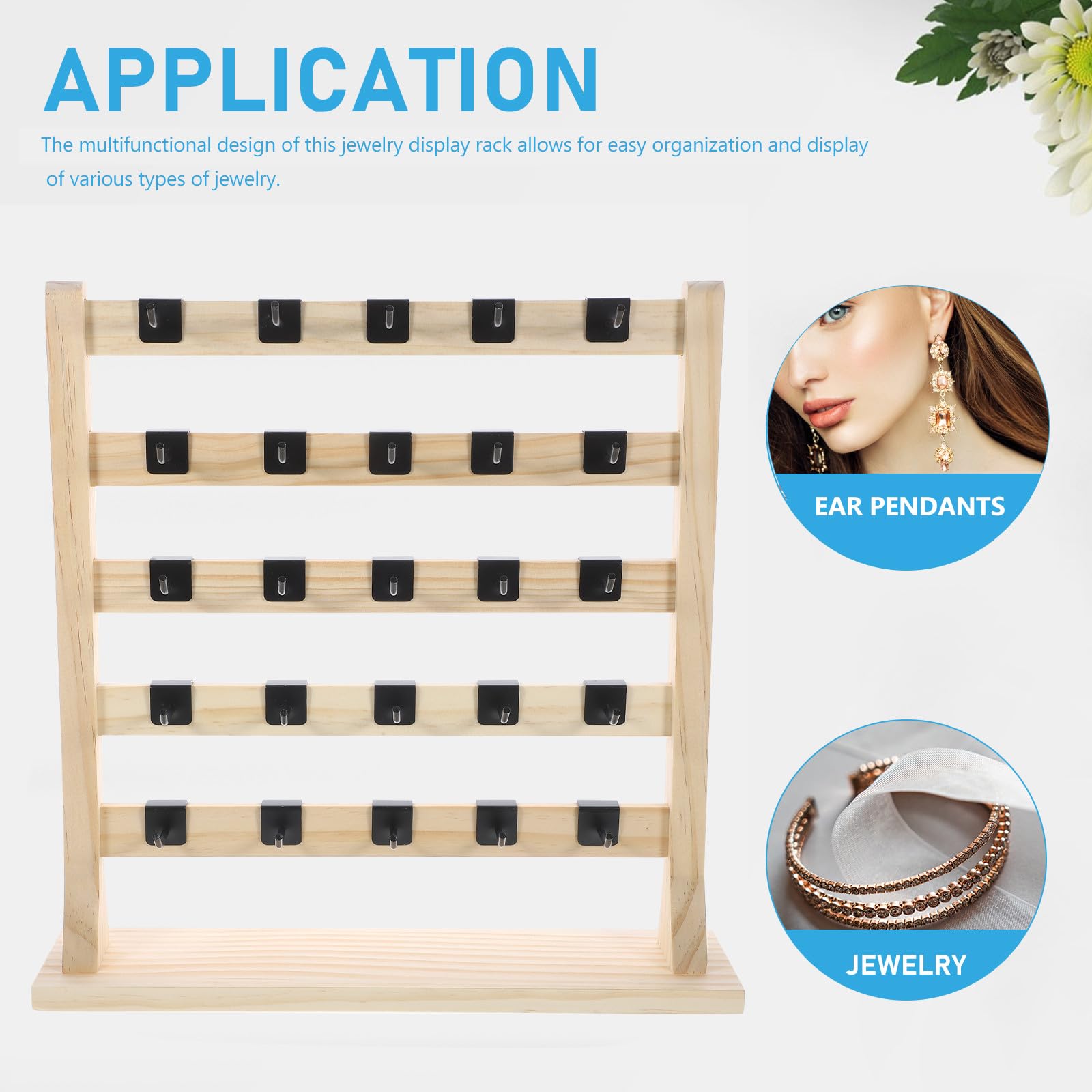 Housoutil Expositor de Joyas de Madera y 25 Ganchos Desmontables Soporte Organizador Multifuncional 5 Elegante para Pendientes, Pulseras y