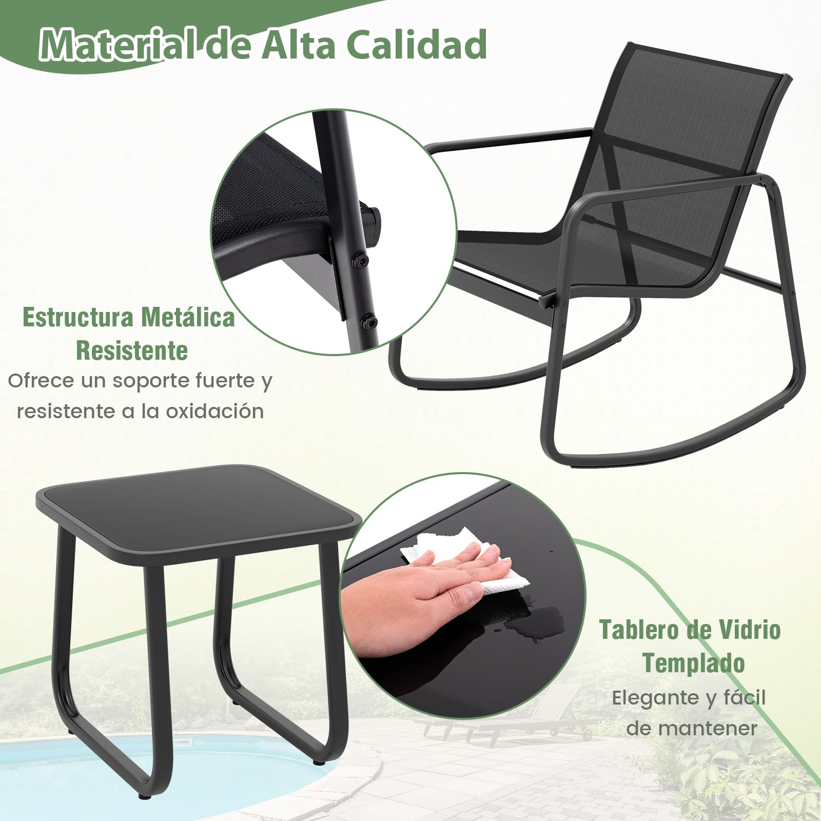 COSTWAY Mesa y Sillas Terraza, 2 Mecedoras de Bistró y 1 Mesa Baja con Tapa de Vidrio, Tela Textilene, Conjunto Jardin Terraza Exterior Balcon, Juego de Mecedora (Negro)