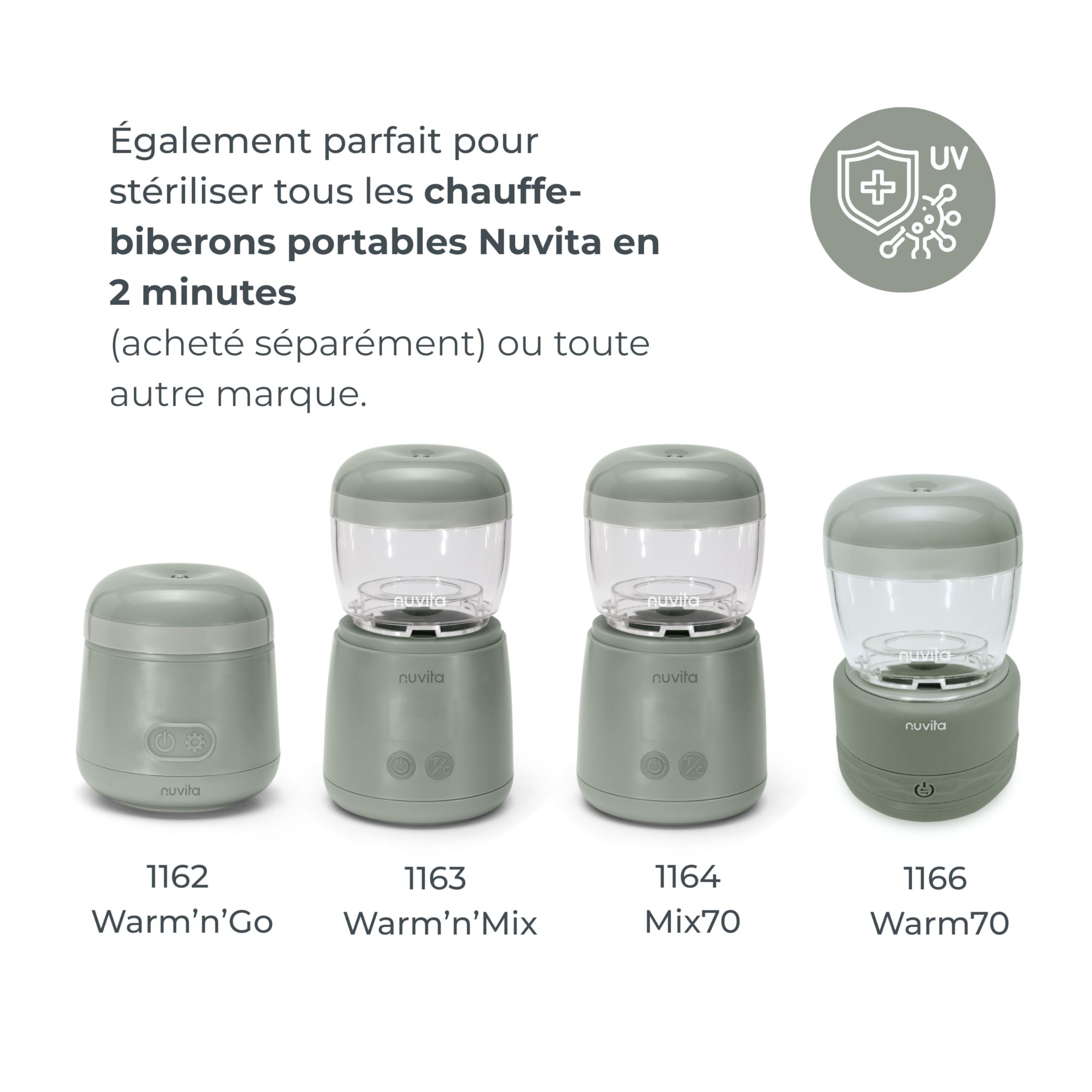 Nuvita 1556 | MellyPlus Stérilisateur Portable UV Ultraviolet pour Sucette, Protège-tétons, Tétines et Biberons | Désinfectant 99,9% de germes et bactéries | Sans BPA | Vert Sauge