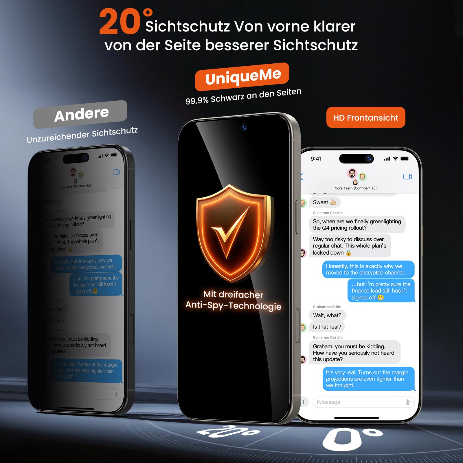 UniqueMe für Panzerglas Sichtschutz für iPhone 15 Pro - 2 Stück