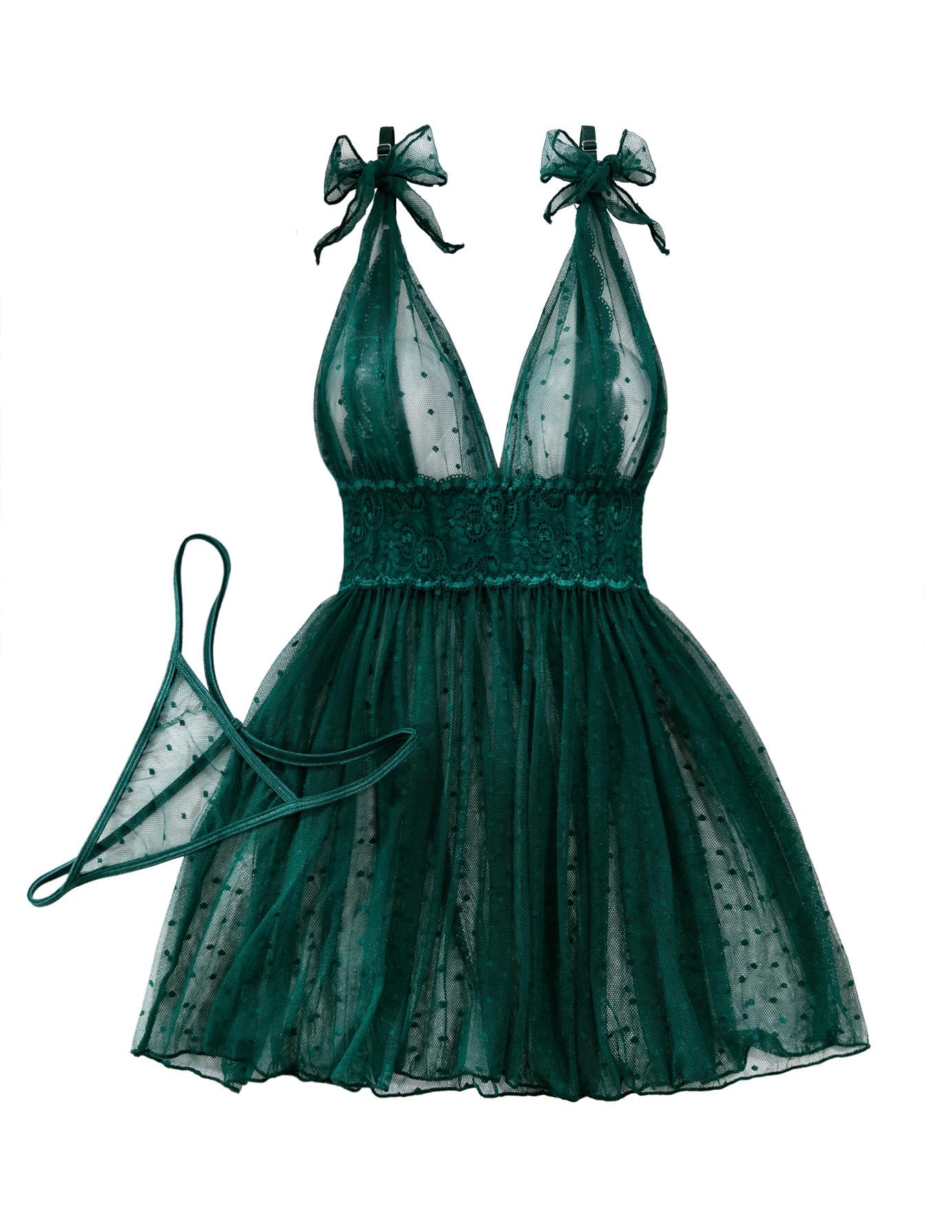 Lilosy Sexy Polka Dots Mesh Sheer Lace Babydoll Chemise Lingerie Set Floral Sleep Wear: X-Large Army Green