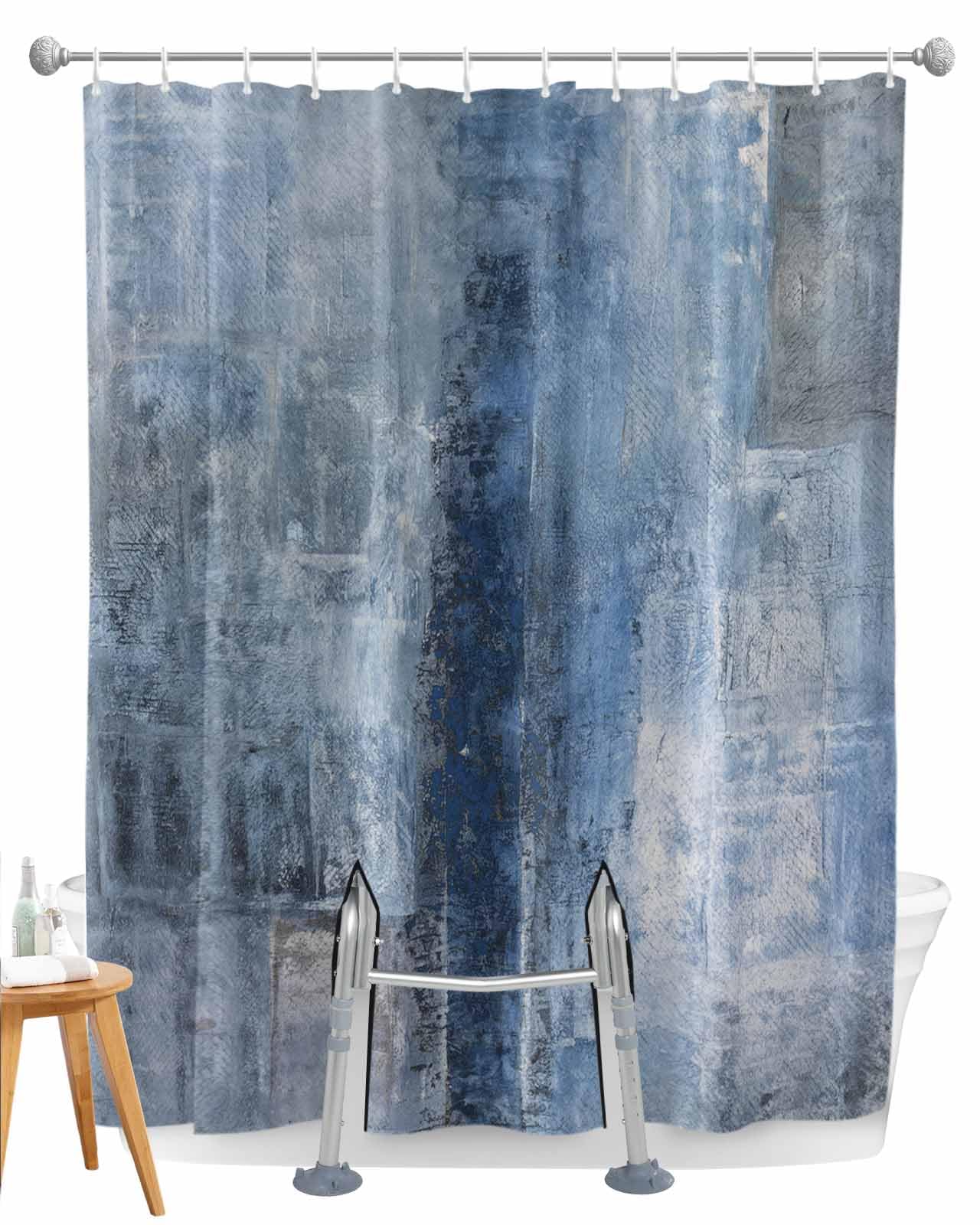 Pinroote Split Shower Curtain for Transfer Bench, Blue Waterproof Shower Curtains for Bathroom/Bathtub, Retro Oil Painting Modern Abstract Art