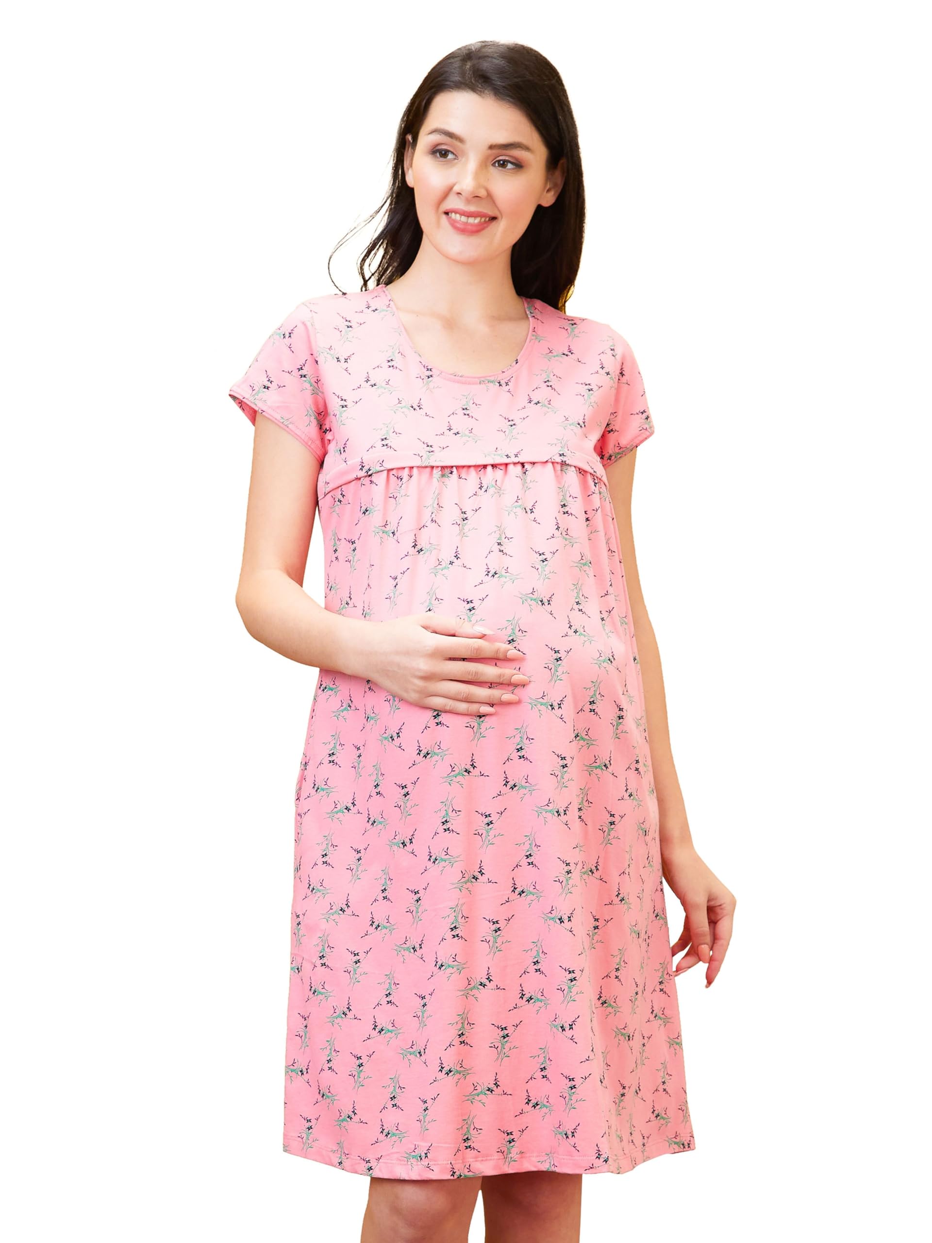 Women Cotton All Over Print Knee Length Maternity/Feeding Nighty-image-27