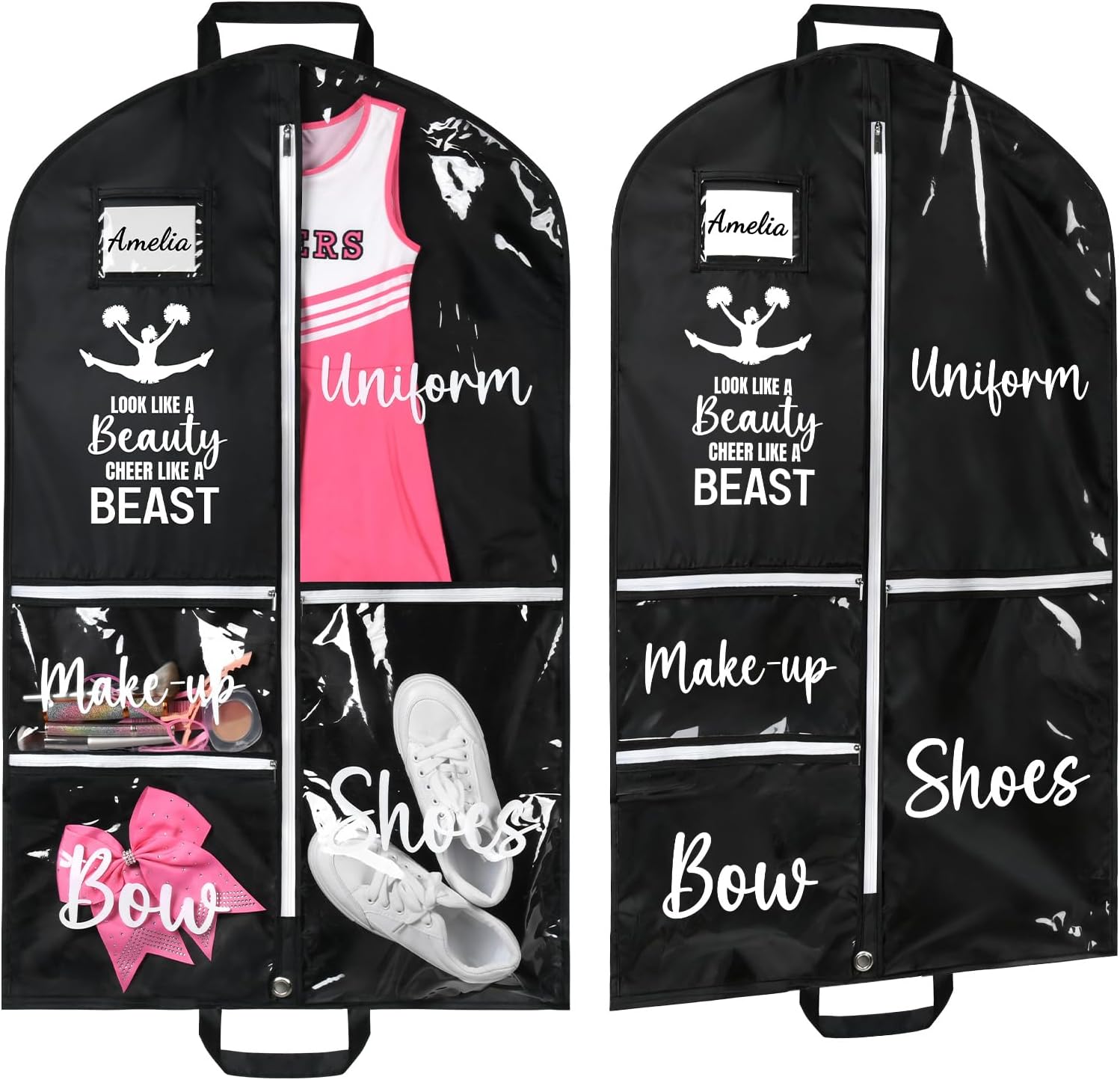 DEEKA Cheer Garment Bag for Hanging Clothes with Zipper Pockets Cheer Accessories Mom Essentials Uniform Costume 40 Inch Black Bags Stuff for Cheerleading Girls (Black,White-Cheer Quote) - Image 7