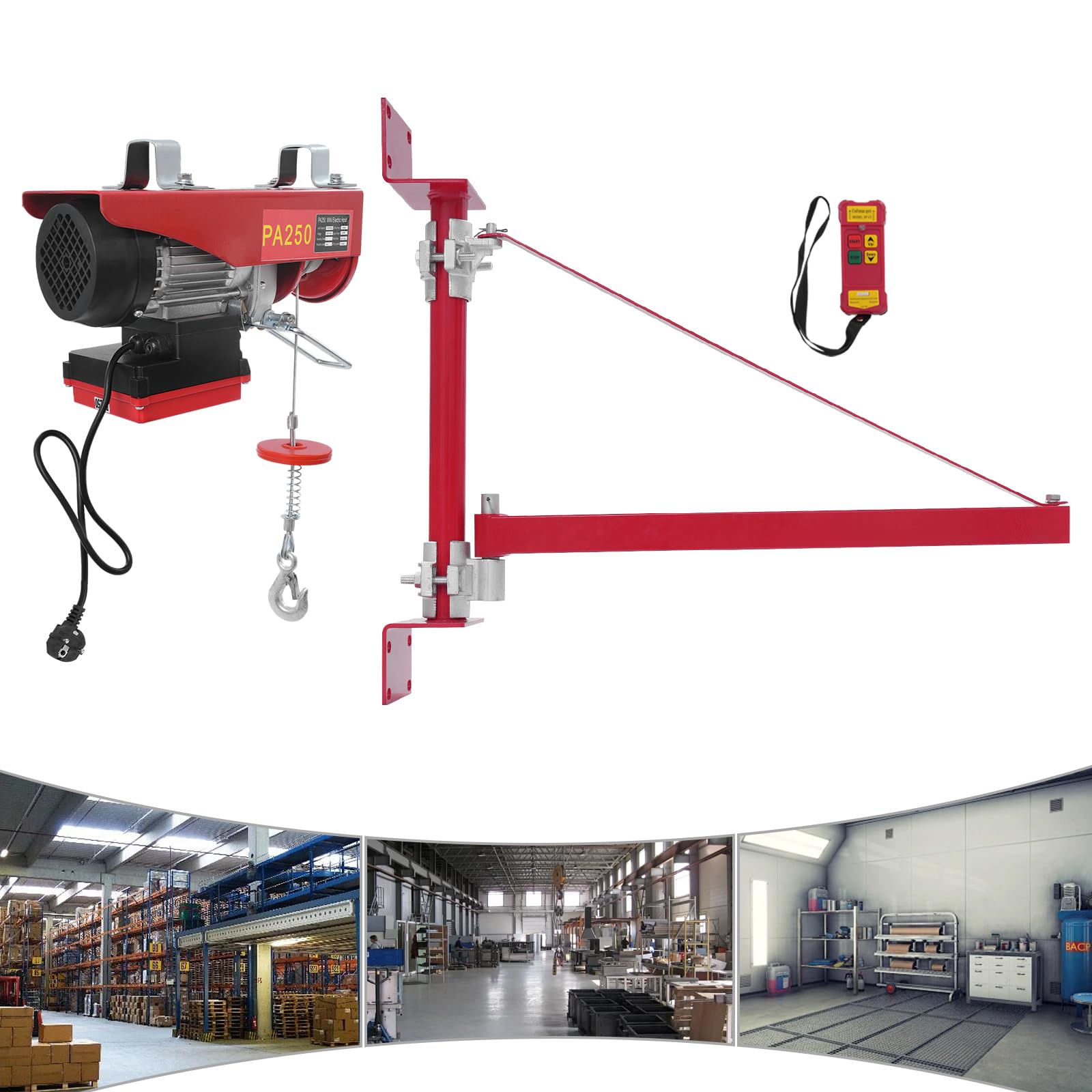 Verricello elettrico con braccio di supporto per sollevamento elettrico, 250 kg, verricello motorizzato con braccio orientabile e telecomando senza fili, paranco a fune per sollevamento in officina e