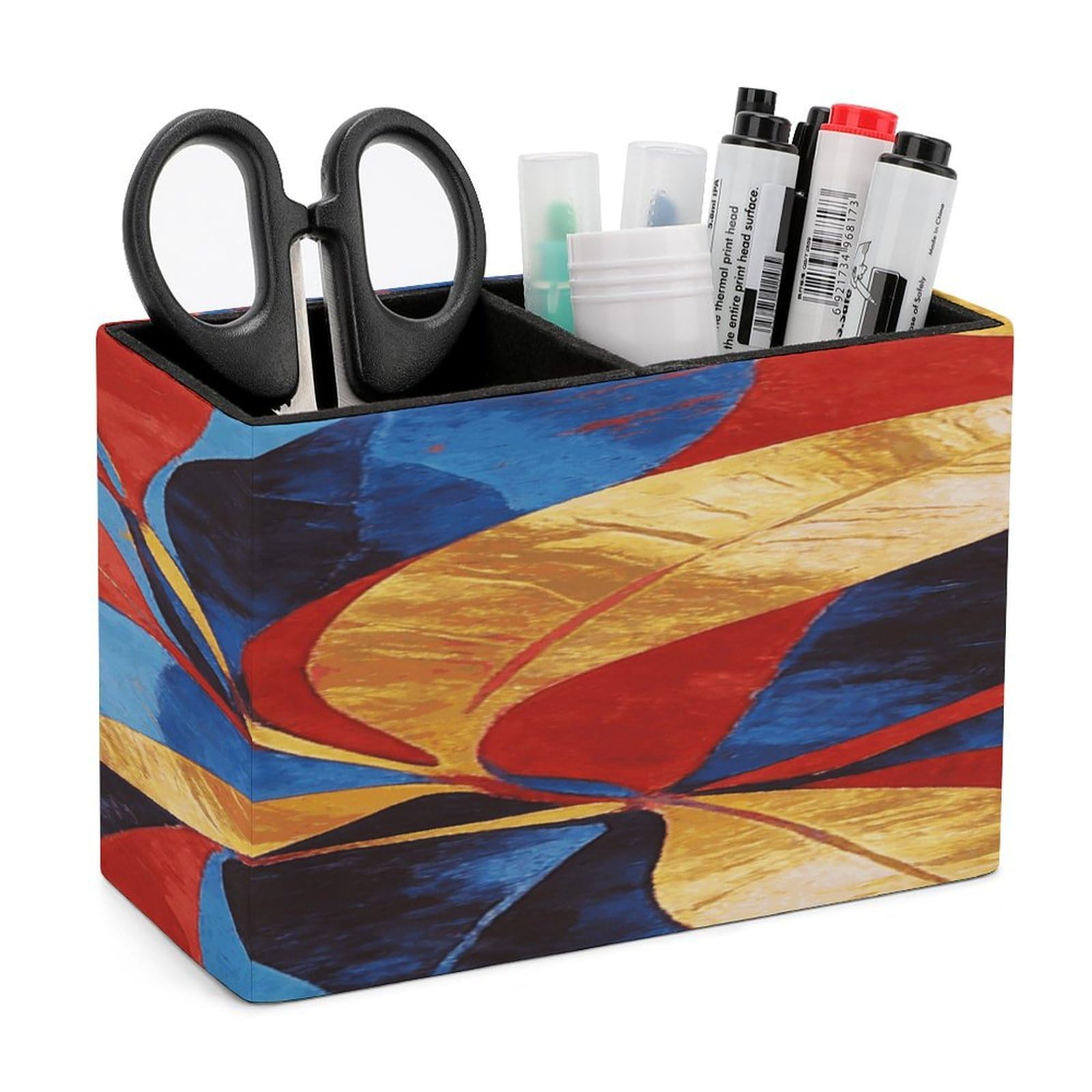 LZQPOEAS Abstract Art Leaves Pen Holder Double Compartments Pen Cup Makeup Brush Holders Leather Pencil Holder Locker Organizer for Work Locker Accessories Modern Pencil Cup for Desk