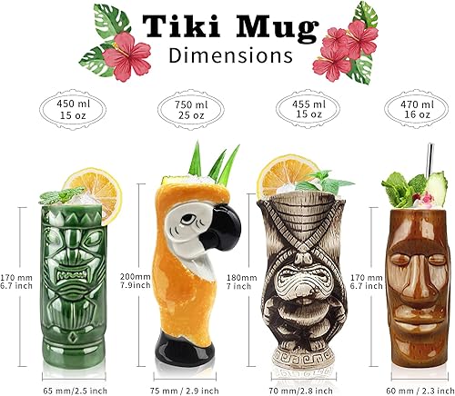 Miniatura 2 de TKSET0011 - Juego de 4 tazas de cóctel hawaianas de cerámica grandes, vasos de cóctel exóticos, Tiki Bar profesional hawaiano para fiestas