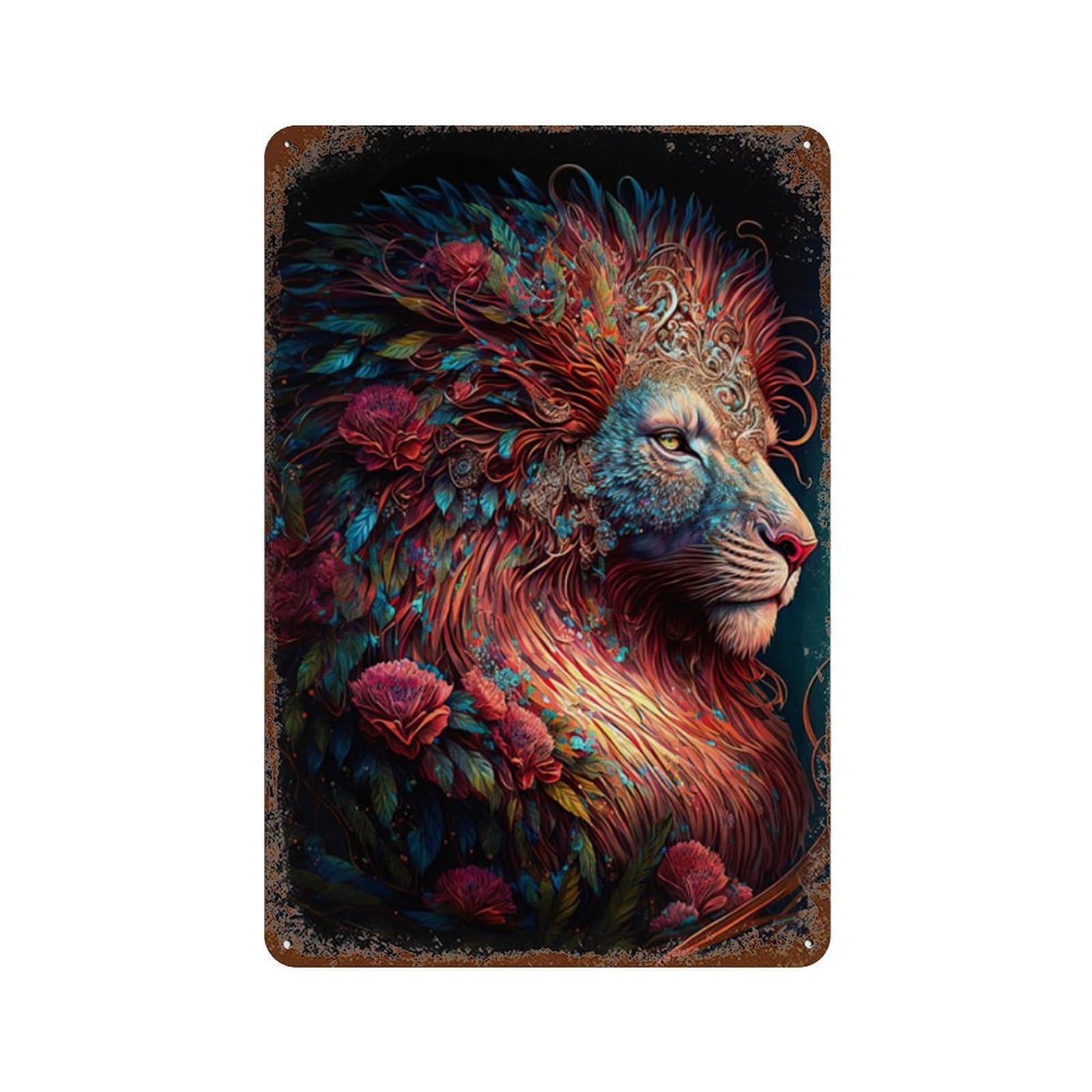Fantasy Lion Art Print-1 Weathered Tin Sign 11.8"x7.9", Rustic Home Decor for Garage, Pub Or Kitchen