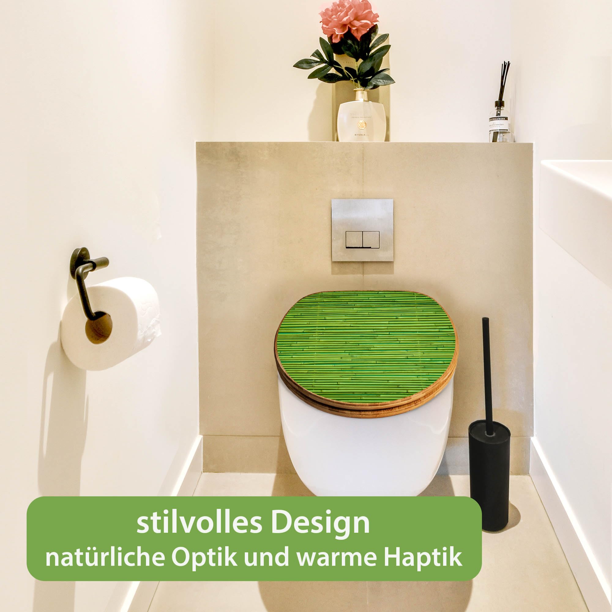 banjado Design WC Sitz Bambus Absenkautomatik 45,8x37,5cm - Toilettendeckel mit Absenkautomatik Holz - hochwertiger Bambus Klodeckel - WC-Sitz für gängigen Toiletten - Motiv Bambus Grün