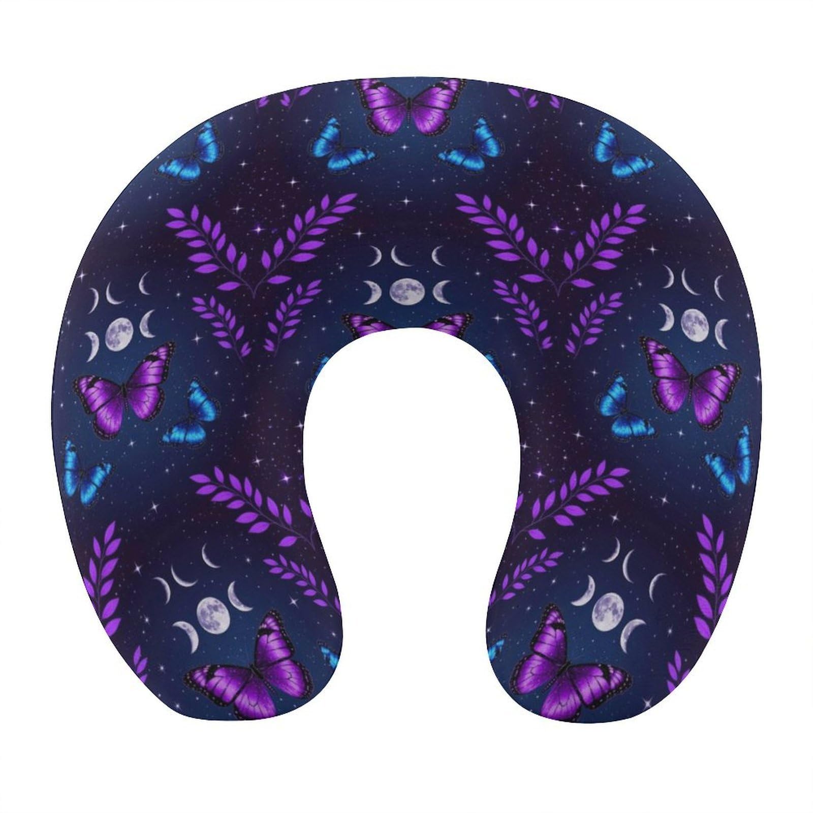 Travel Neck Pillow Memory Foam Chin Cushion Magic Moon Moth Butterfly Mystical Goth Astrology Art, Washable Cover for Men Women Youth Airplane Car Pain Relief