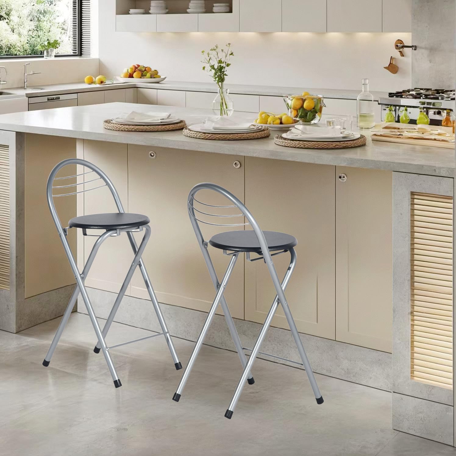 Barhocker Klappbarer, Barhocker mit Lehne, Keine Montage Erforderlich, Tragbarer Outdoor, Geeignet Für Küche, Bistro, Geschäft, Veranstaltungen im Freien (Schwarz und Silber)