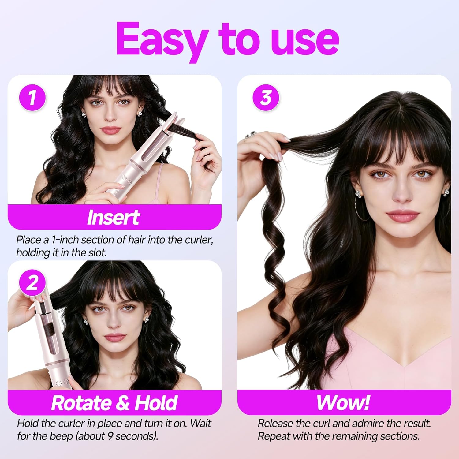 Automatic Curling Iron 1.25 Inch, Rotating Hair Curler for Beach Waves, Auto Hair Curler with Anti-Scald & Anti-Tangle, Dual Voltage Ceramic Curling Wand for Long & Short Hair, Pink